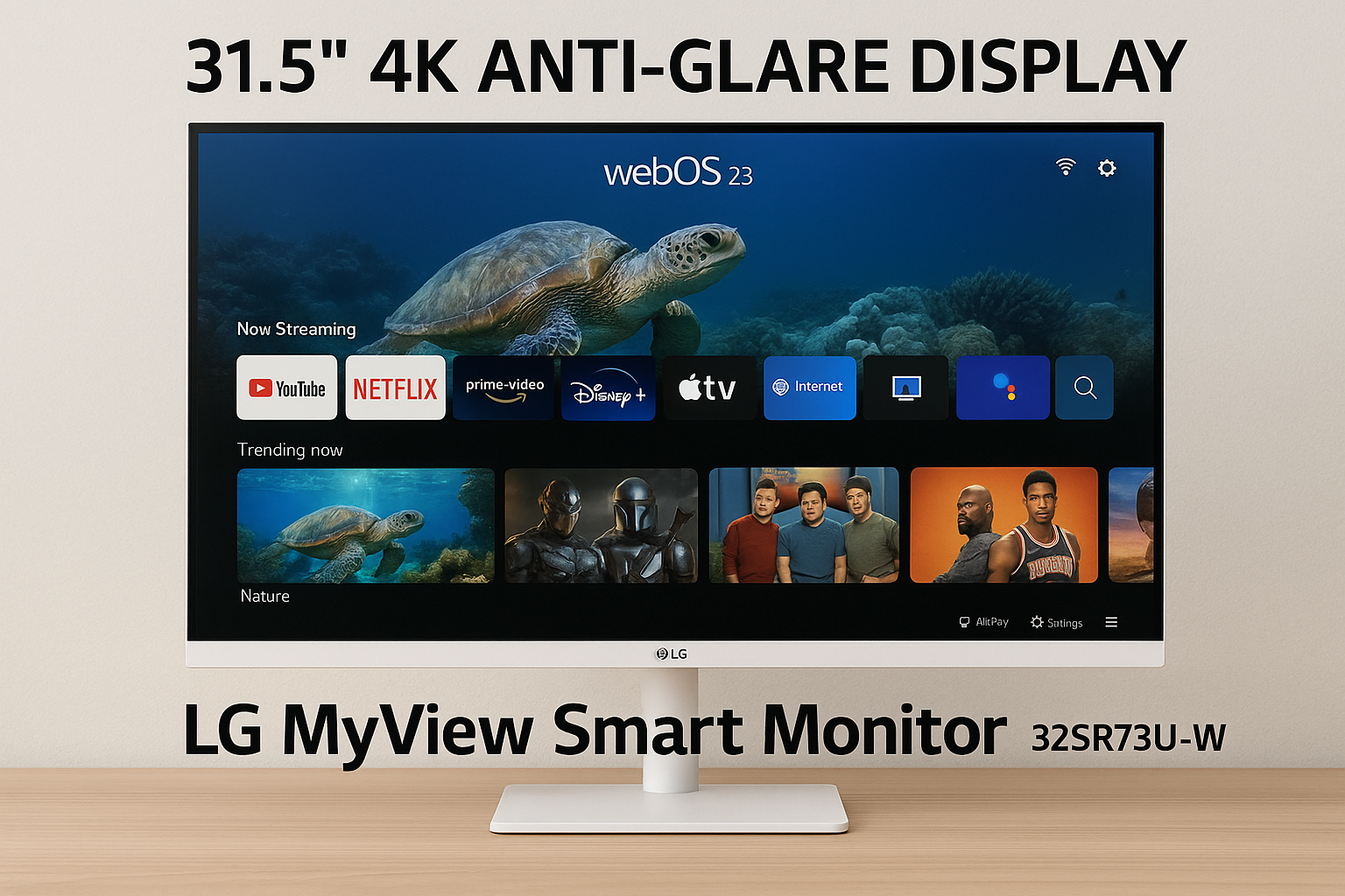 LG スマートモニター 32SR73U-W/LG MyView Smart Monitor / 31.5インチ 4K / VA/webOS 23 / 約10.7億色表示(8bit+FRC) / DCI-P3 90% / アンチグレア / 5W+5Wスピーカー / AirPlay2 / Miracast/USB-C（USB PD 65W) / スリムデザイン / 3年安心・無輝点保証