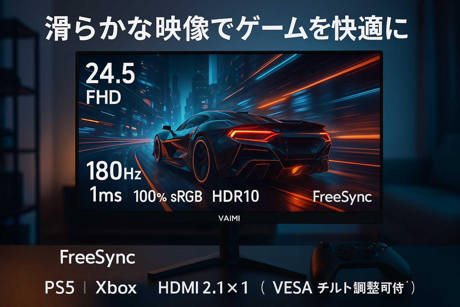VAIMI - 24.5インチ 180Hz FHD ゲーミングモニター IPS Fast 1080P 1ms 100% sRGB HDR10 Freesync HDMI2.1x 1/DP1.4 x 1 VESA チルト調整可能 Xbox PS5 (HDMIケーブル付属)