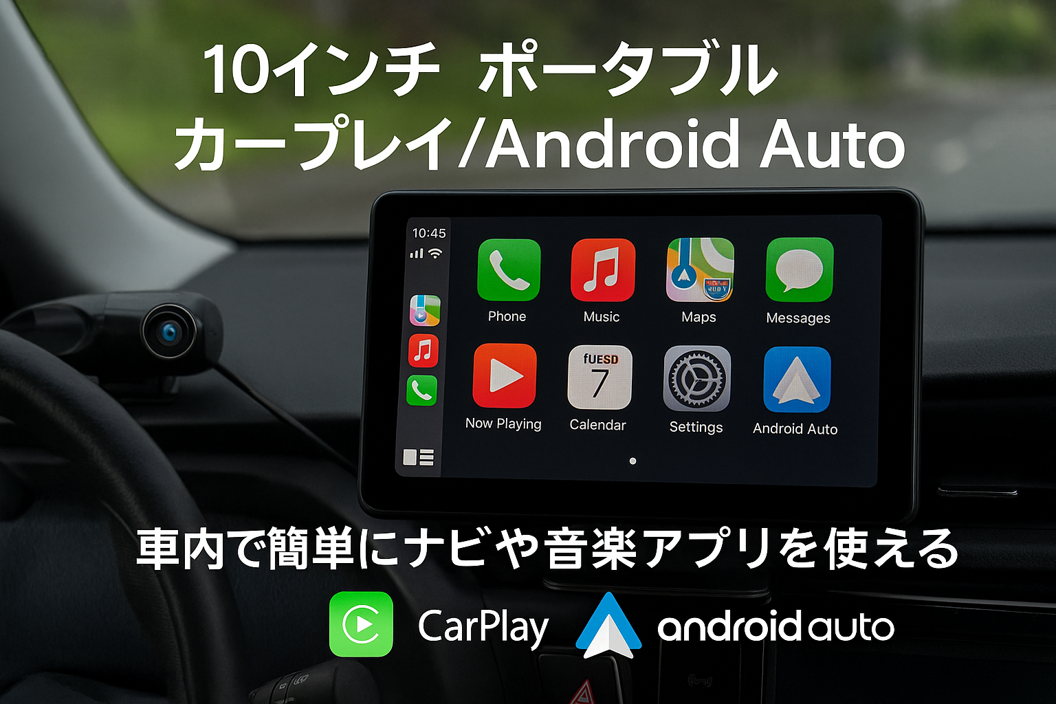 ディスプレイオーディオ 4Kフロントカメラと1080Pリアカメラ付き 10インチ ポータブル カーオーディオ CarPlay＆Android Autoに対応 カーナビ オーディオ一体型ナビ ミラーリング対応 WiFi Bluetooth接続 車Bluetooth音声出力可 ステレオ音質 AUX FMトランスミッター ナビ 音楽 電話 64GBカード含み 工事不要 日本語説明書 ブラック