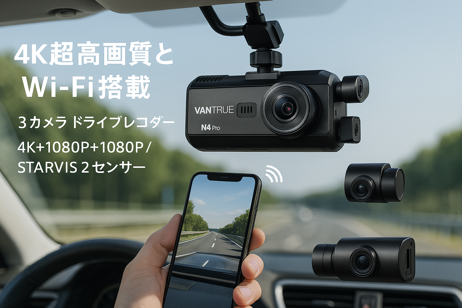 4K UHD 800万画素 3カメラ ドライブレコーダー WiFi搭載 STARVIS 2 IMX678センサー VANTRUE N4 Pro 前後カメラ ドラレコ 4K+1080P+1080P 3カメラHDR搭載 PlatePix技術 超強暗視 360度 超広角撮影 GPS 音声コマンド 24時間駐車監視 ループ録画 Ｇセンサー緊急録画 赤外線暗視 干渉対策 全国LED信号機対応 最大1TB対応