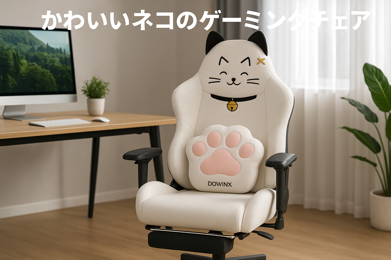 Dowinx ゲーミングチェア 猫の肉球クッション 猫耳 かわいい にゃんこ顔刺繍 ヘアピン 鈴付き 猫柄 pc/オフィスチェア ゲーム用 パソコンチェア 椅子 可愛い 幅広 通気性 リクライニング オットマン 連動アームレスト ファブリック 白&黒 ホワイト LS-66D5201