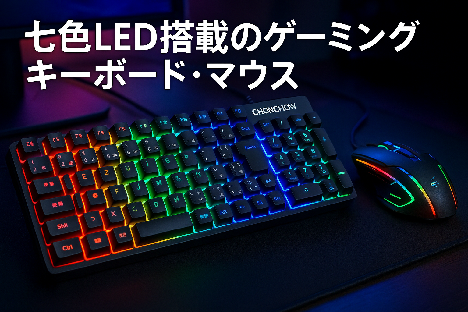 CHONCHOW ゲーミングキーボードマウスセット 日本語配列 ps5 ps4 NS 対応 「無変換」/「変換」キー付き 88キー 七色LEDバックライト usb有線 19キー防衝突 テンキーレス 4段階DPIゲーミングマウス 102J