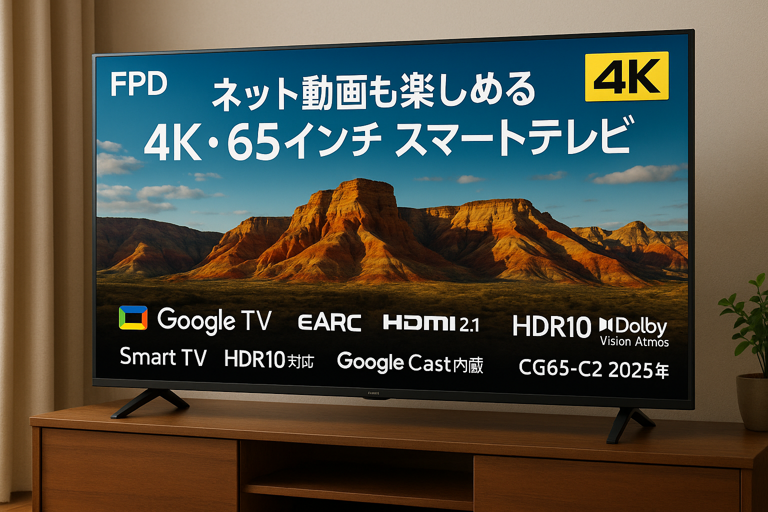 FPD チューナーレス テレビ 4K 65インチ Google TV 65V型 液晶 ネット動画対応 スマート テレビ eARC HDMI 2.1 大型 Smart TV HDR10対応 Dolby Vision Atmos MEMCテクノロジー Google Cast内蔵 音声検索VESA規格 (CG65-C2 2025年）