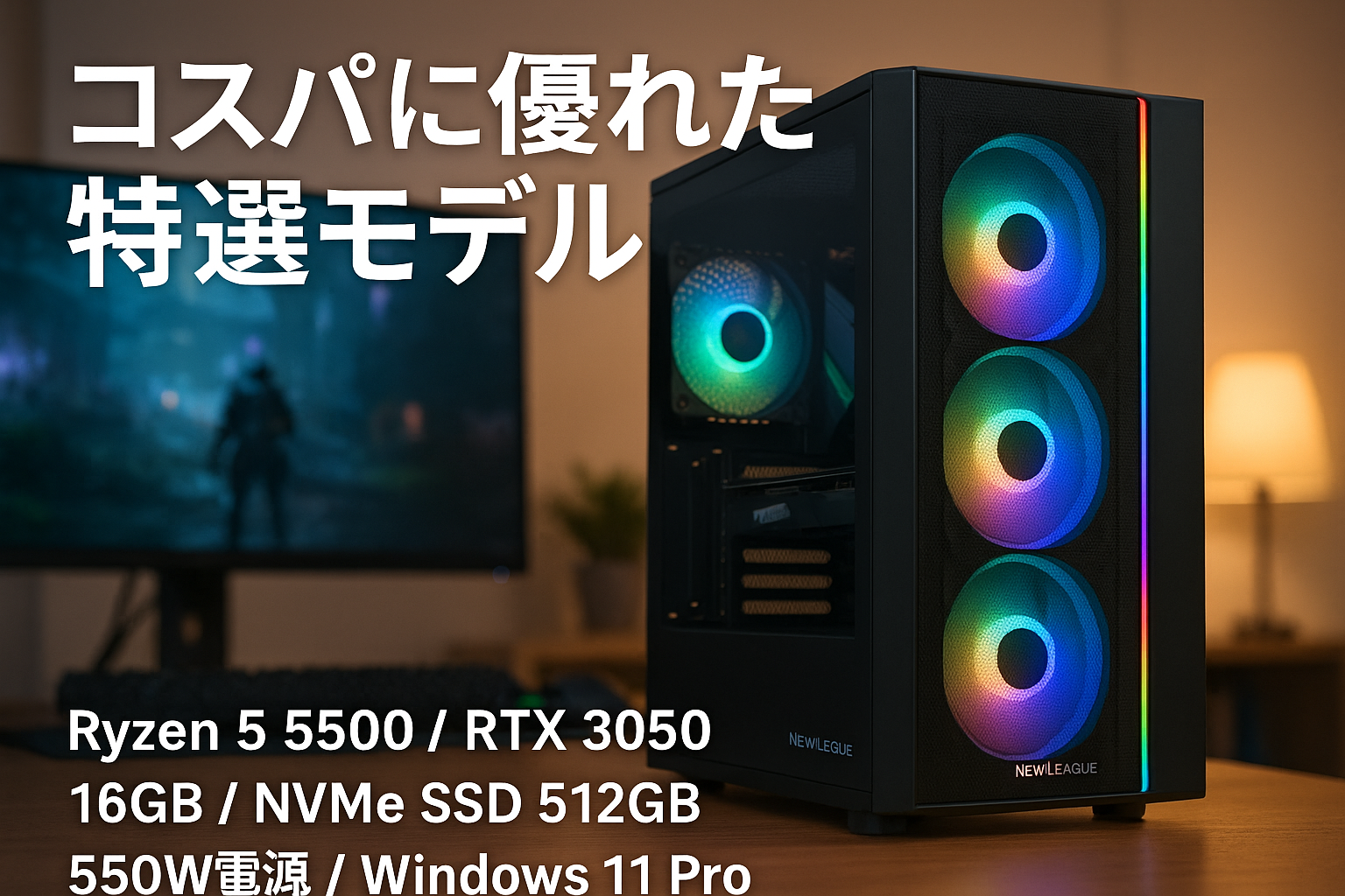 NEWLEAGUE ゲーミングデスクトップパソコン コスパ重視 特選モデル Ryzen 5 5500 / RTX3050 / 16GB / NVMe SSD 512GB / 550W電源ユニット / Windows 11 Pro/WPS Office NR5-N56I (RTX3050 GDDR6 6GB, G6 ブラック)