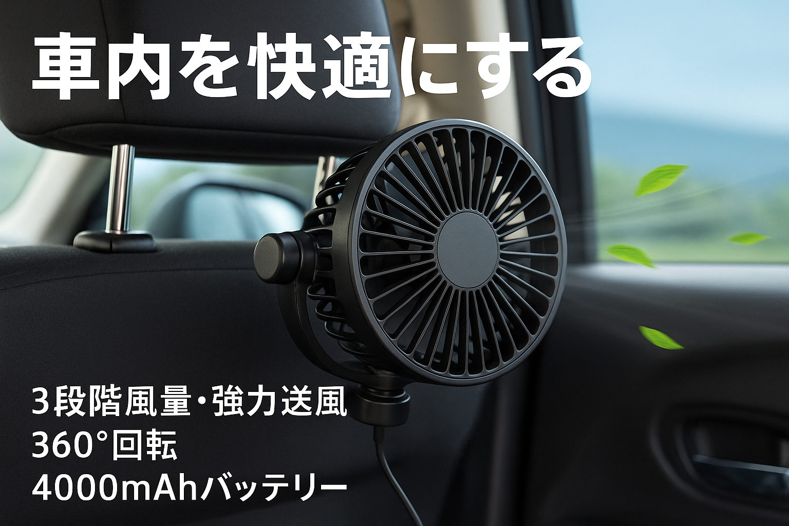Dealswin 車 扇風機 充電 車用扇風機 3段階風量・強力送風 車載用 後部座席 ヘッドレストファン 低騒音 USB車用ファン 360°回転 角度調節可能 車せんぷうき 長配線 夏対策 車中泊対策 取付簡単 4000mAhモバッテリー