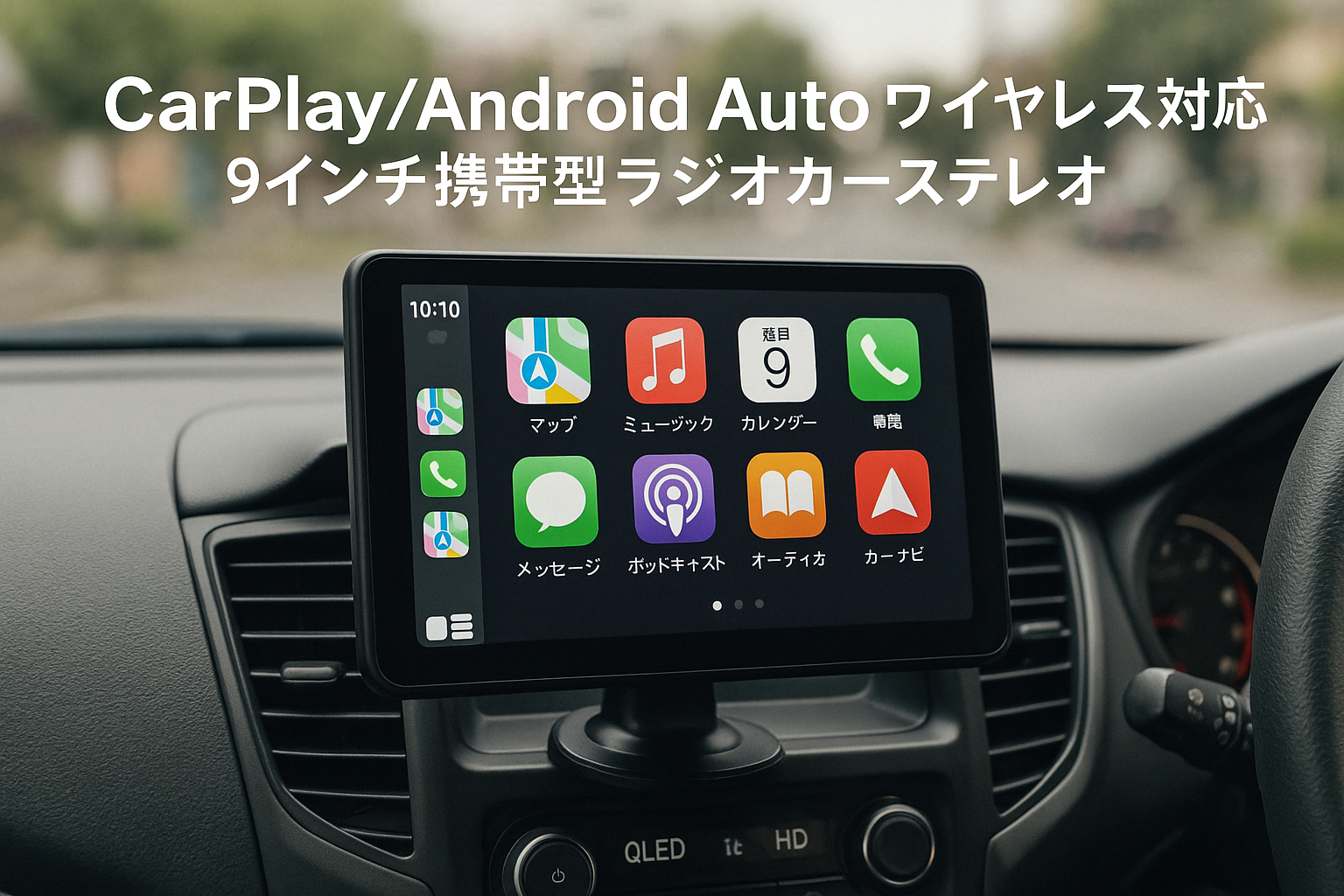 CarPlay/Android Auto ワイヤレス対応 9インチ携帯型ラジオカーステレオ、2G+32GB アンドロイド ヘッドユニット、1280*720 HD QLEDタッチスクリーン、Bluetooth 、FM、Wi-Fi、ミラーリンク、GPS カーナビ カープレイディスプレイ オーディオ オートバックス、カーオーディオレシーバー、マルチメディアシステム (P9SD)