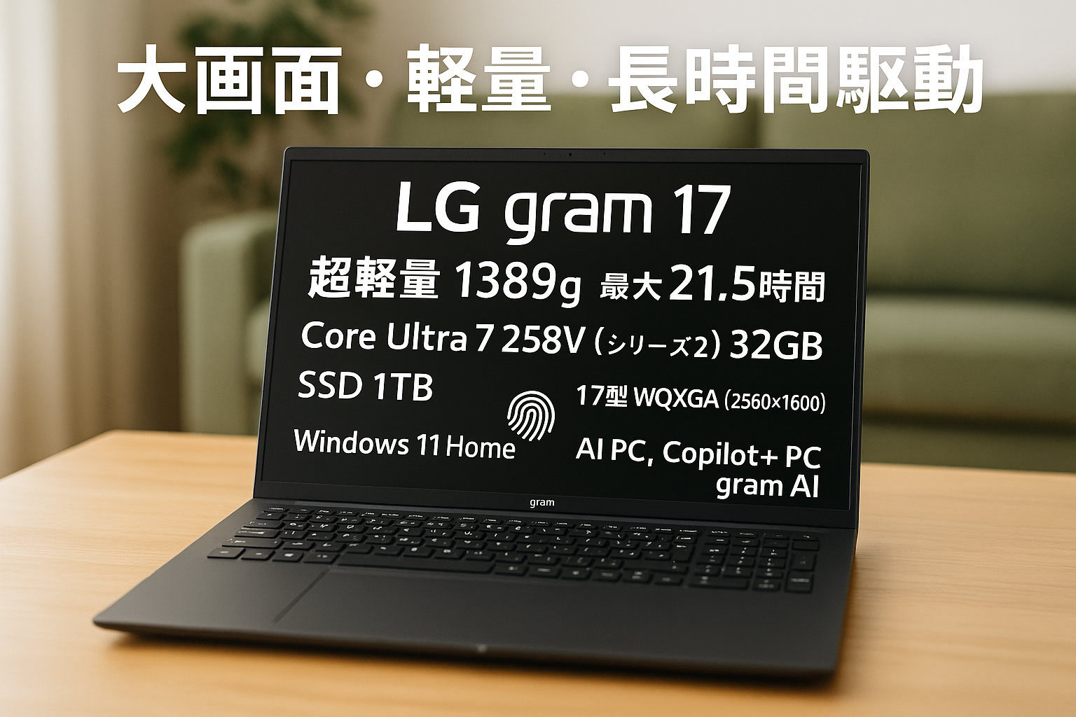 LG gram 17/超軽量（1389g）/最大21.5h駆動/Core Ultra 7 258V(シリーズ2)/メモリ 32GB/SSD 1TB/17型 IPS液晶 WQXGA(2560×1600) アンチグレア DCI-P3 99%/指紋認証/Windows 11 Home/AI PC､Copilot+ PC､gram AI/ノートパソコン 17Z90TL-GU89J