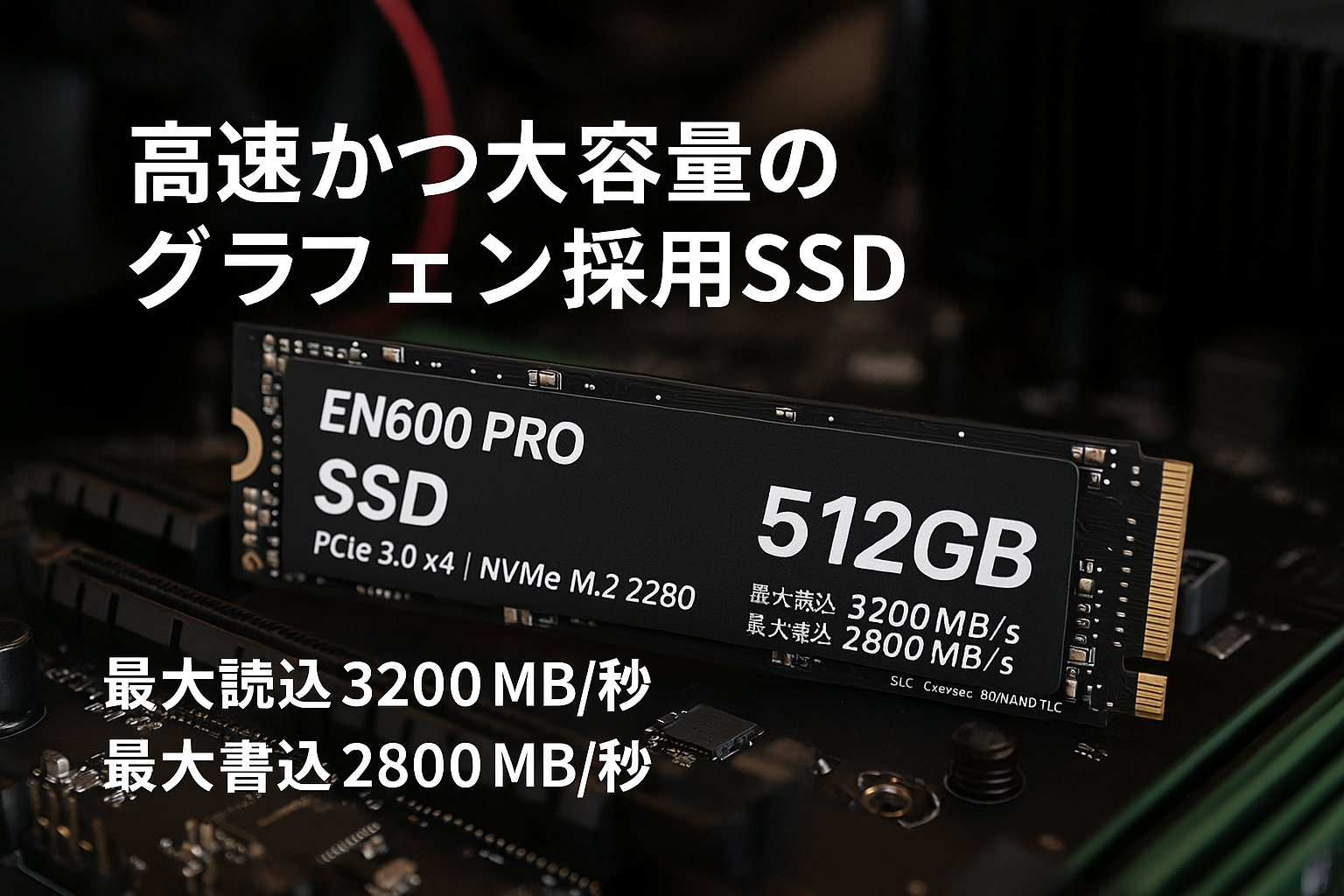 EN600 PRO SSD 512GB PCle 3.0x4 NVMe M.2 2280 最大読込: 3200MB/s 最大書込：2800MB/s 内蔵SSD SLC キャッシュ 3D NAND TLC グラフェン冷却ステッカー ノートパソコンとデスクトップパソコン に対応 メーカー3年保証