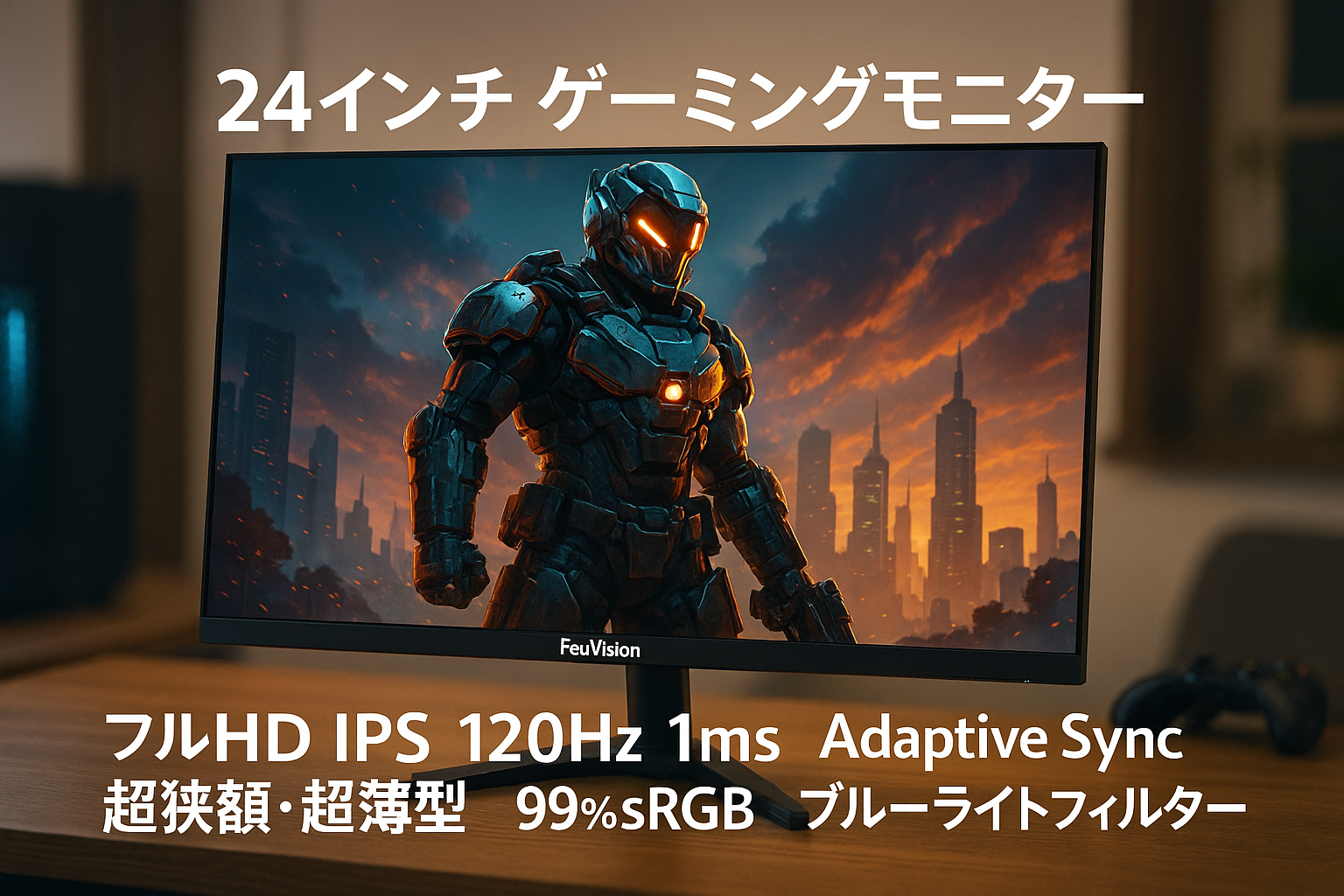 FeuVisionゲーミングモニター 24インチ, 120Hz フルHD 1080p, IPSパネル, 応答速度1ms, Adaptive Sync対応, PCモニター, 3辺超狭額&超薄型, 99% sRGB広色域, ブルーライトフィルター, HDMI, VGA
