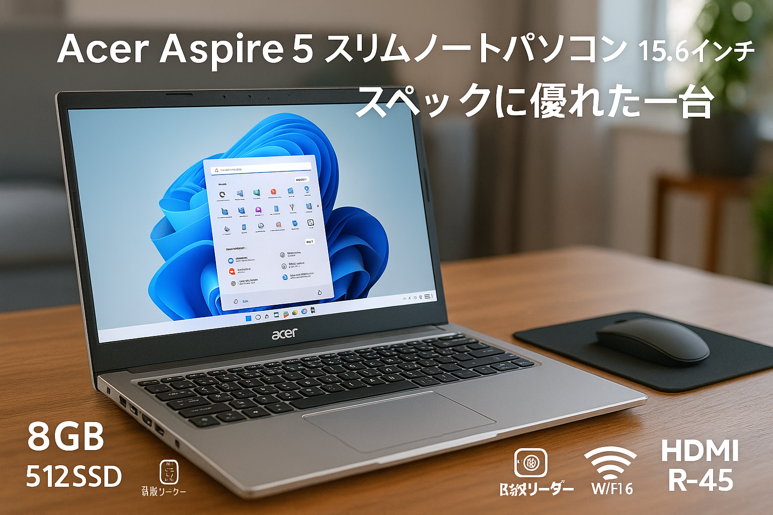 Acer Aspire 5 スリムノートパソコン 15.6インチ、AMD クアッドコアプロセッサ、15.6インチフルHD IPS、20GB RAM 1TB SSD、バックライト付きKB、指紋リーダー、Amazon Alexa、HDMI、RJ-45、ウェブカメラ、WiFi 6、Windows 11 Home + マウスパッド。