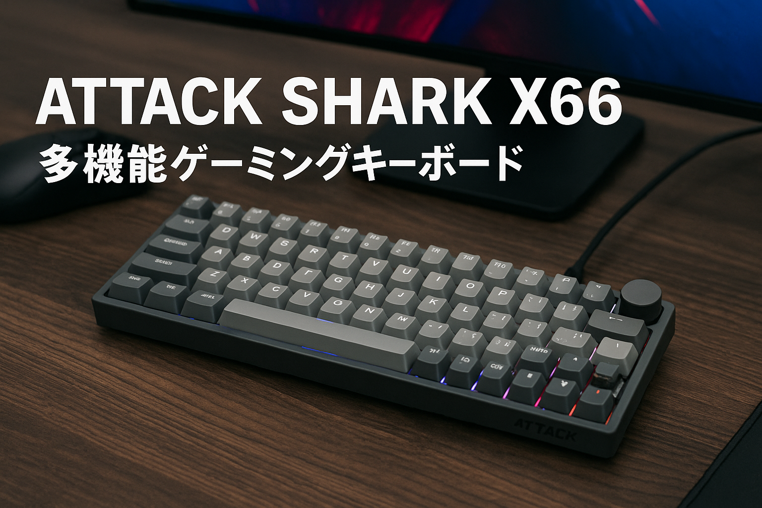 ATTACK SHARK X66 ゲーミングキーボード トライーモード ワイヤレス/Bluetooth/有線 ホットスワップ メカニカルキーボード 60%レイアウト ノブ付き PBT 66キー テンキー無し リニア ストロベリー轴 ガスケット構造 吸音フォーム付き ノイズ削減 カスタマイズRGBライト 3000mAhバッテリー ゲーム/オフィス 【技適獲得：219-259048】 灰色