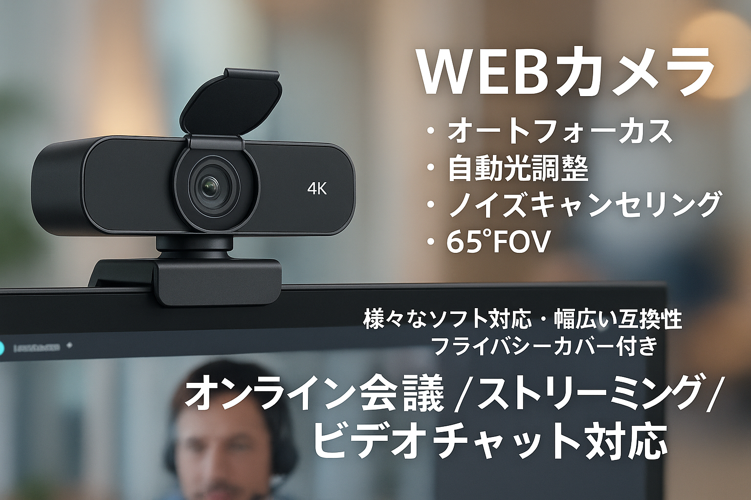 webカメラ ウェブカメラ 4K オートフォーカス 自動光調整 ノイズキャンセリング 65° FOV 様々なソフト対応 幅広い互換性 プライバシーカバー付き オンライン会議／ストリーミング/ビデオチャット対応 UVC40