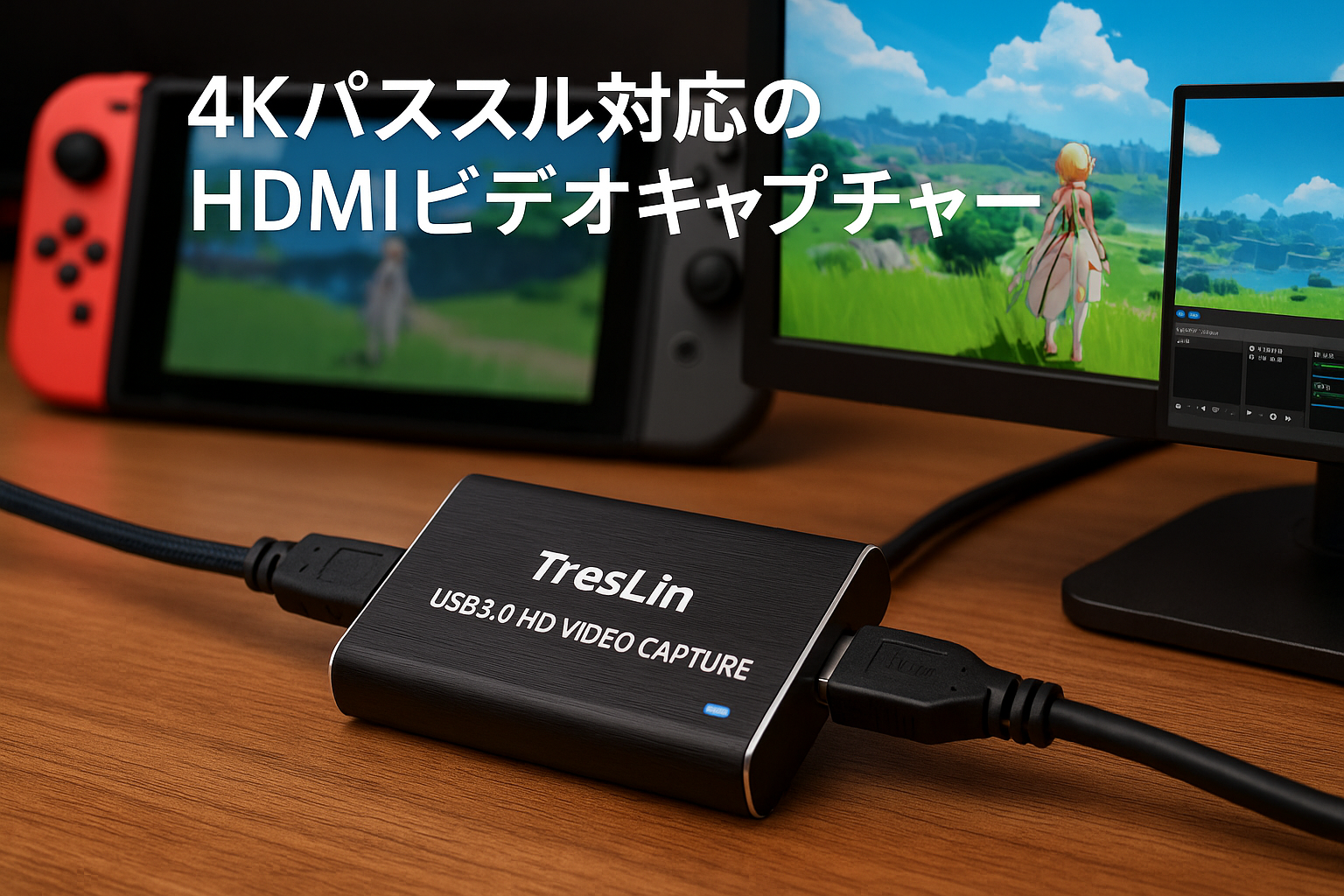 TreasLin USB3.0 HD ビデオキャプチャーボード Switch PS5 PS4 PS3 Xbox Wii U用サポート（4K30FPS入力 4K30FPSパススルー、HD HDMI 1080P60FPSゲーム録画・HDMIビデオ録画・ライブ配信用キャプチャーデバイス）OBS Potplayer YouTube Niconico Twitch HSV321