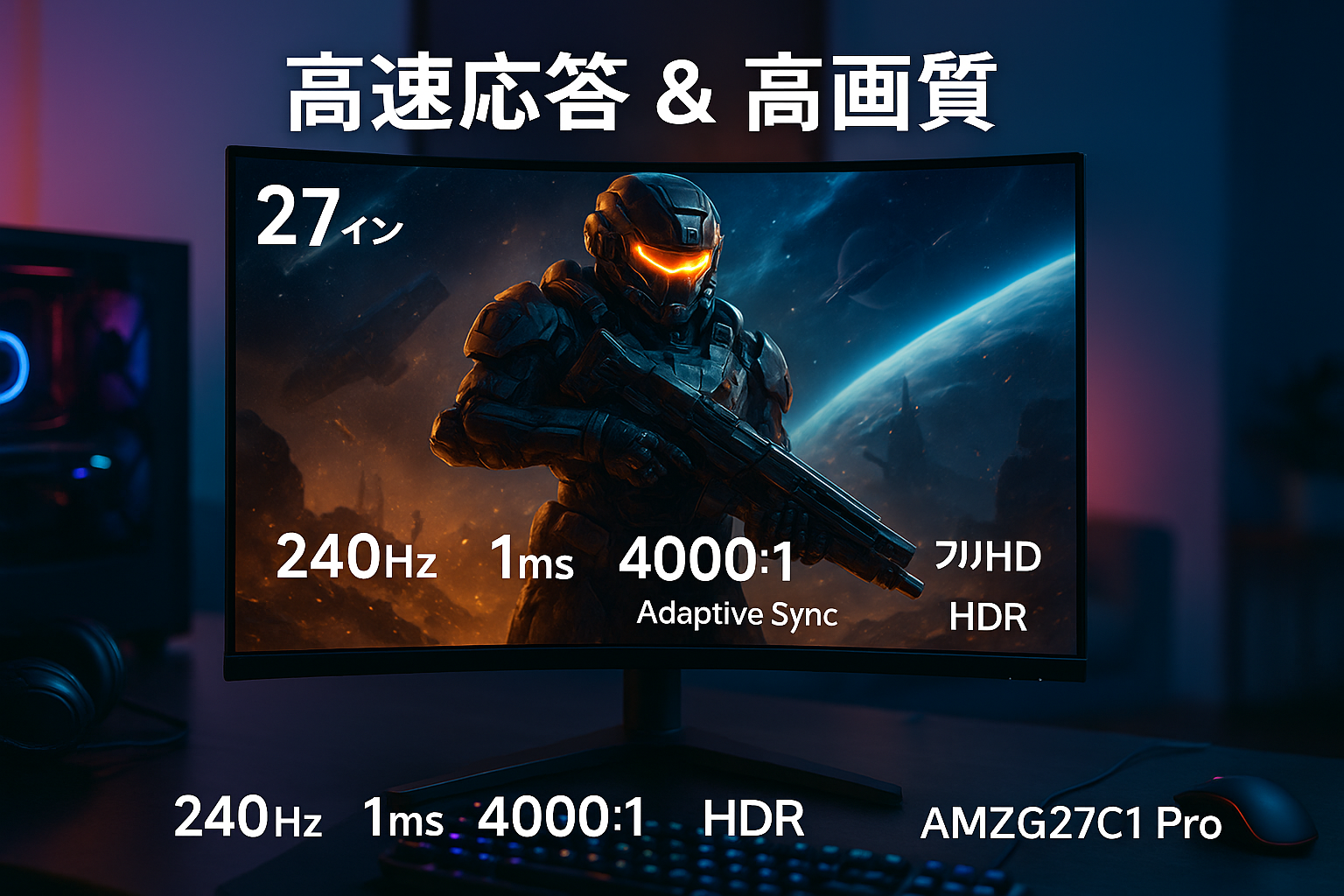 ゲーミングモニター 27インチ ゲーミング ディスプレイ 240Hz/1ms MPRT/4000:1コントラスト/VAパネル/曲面/HDR/Adaptive Sync/1920x1080/フリッカー防止/ブルーライト低減/100x100VESA/3 AMZG27C1 Pro
