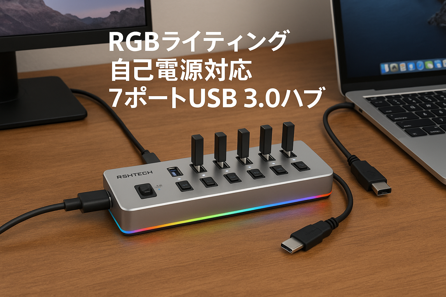 RSHTECH USBハブ 3.0 電源付き RGB 7ポート 2 in 1 ケーブル 付き USB Hub アルミ製 5Gbps高速転送 セルフパワーとバスパワー両用 5V 4A 電源 独立スイッチ付き(RSH-518R)