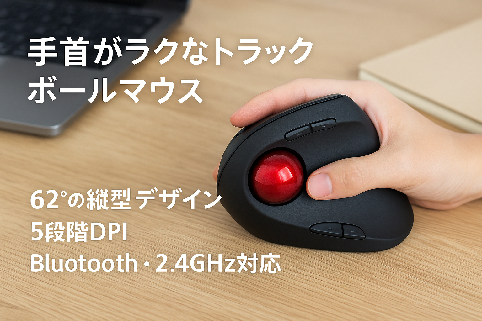 EM05 NLバーティカル トラックボールマウス 縦型62° 2.4GとBluetooth両対応 ワイヤレス 5段階DPI 200/400/800/1200/1600 7ボタン 光学式 右手用 USB充電式 大容量の電池搭載 長時間PC作業自宅 ブラック windows mac iPad対応