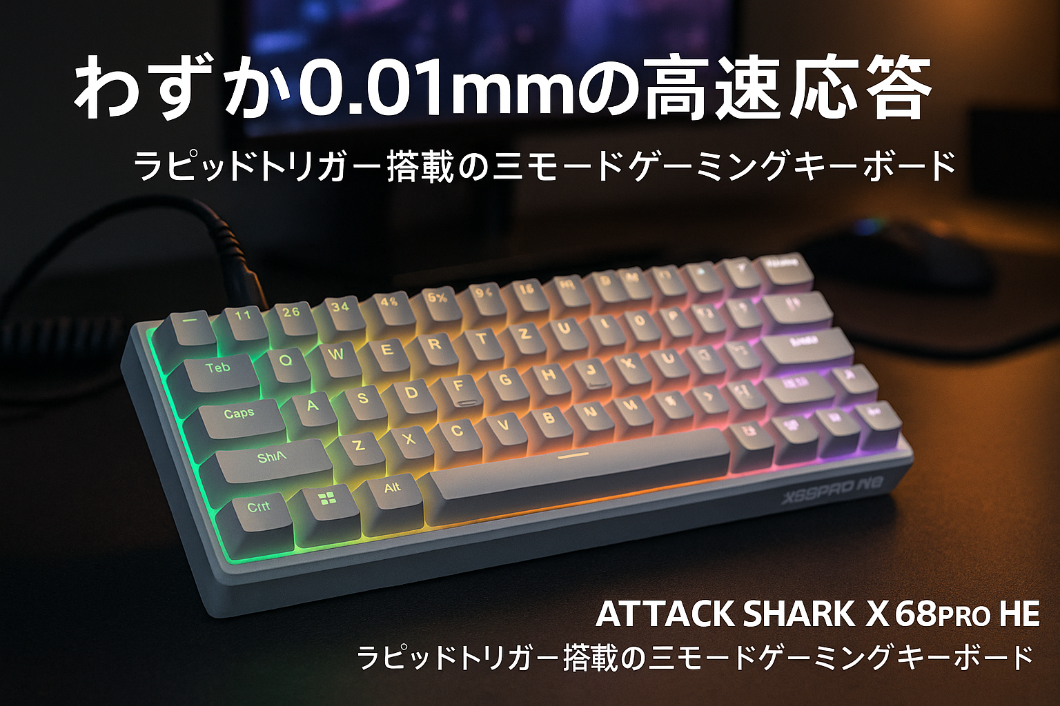 ATTACK SHARK X68PRO HE ラピッドトリガーキーボード トライーモード Bluetooth/ワイヤレス/有線8K 磁気式アナログスイッチ 全キー0.01mmRT精度 8Kポーリングレート 128Kスキャン・レート コイルケーブル付き 60%レイアウト ゲーミングキーボード webドライバー QMK支持 5000mAhバッテリー内蔵 FPSゲームストッピング専用 グレ
