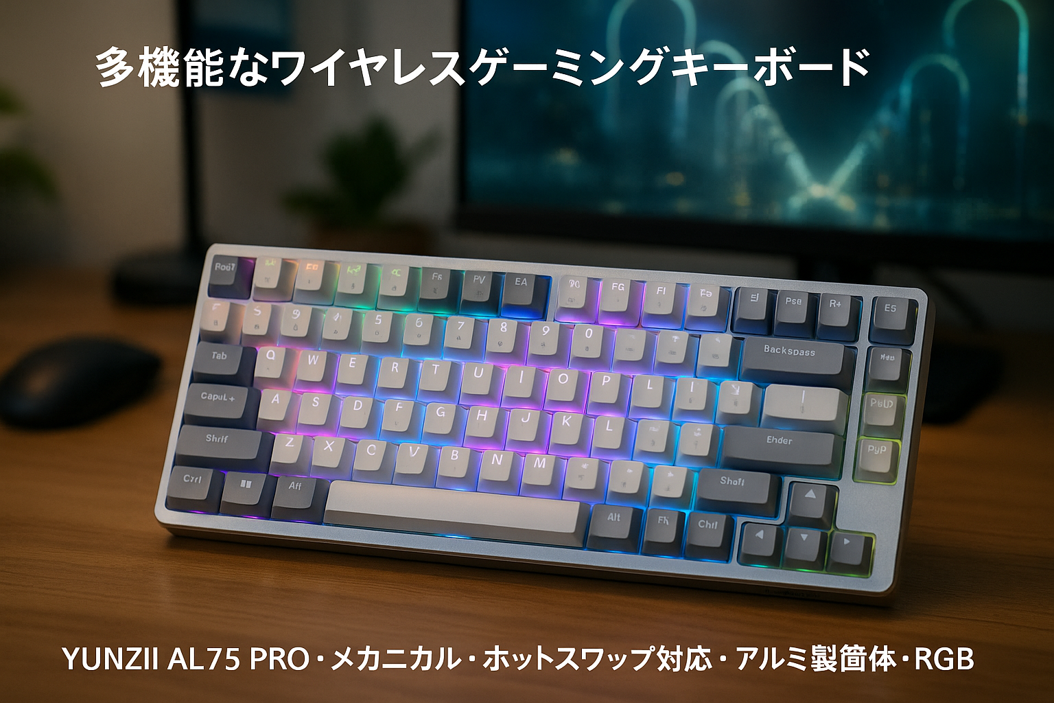 YUNZII AL75 PRO 80キー ゲーミングキーボード メカニカルキーボード ワイヤレス bluetooth/2.4G/有線 3モード アルミ製 ホットスワップ対応 PBTキーキャップ ガスケットマウント RGB Mac/Win用 技適認証取得 (シルバー, ゼロリニアスイッチ)