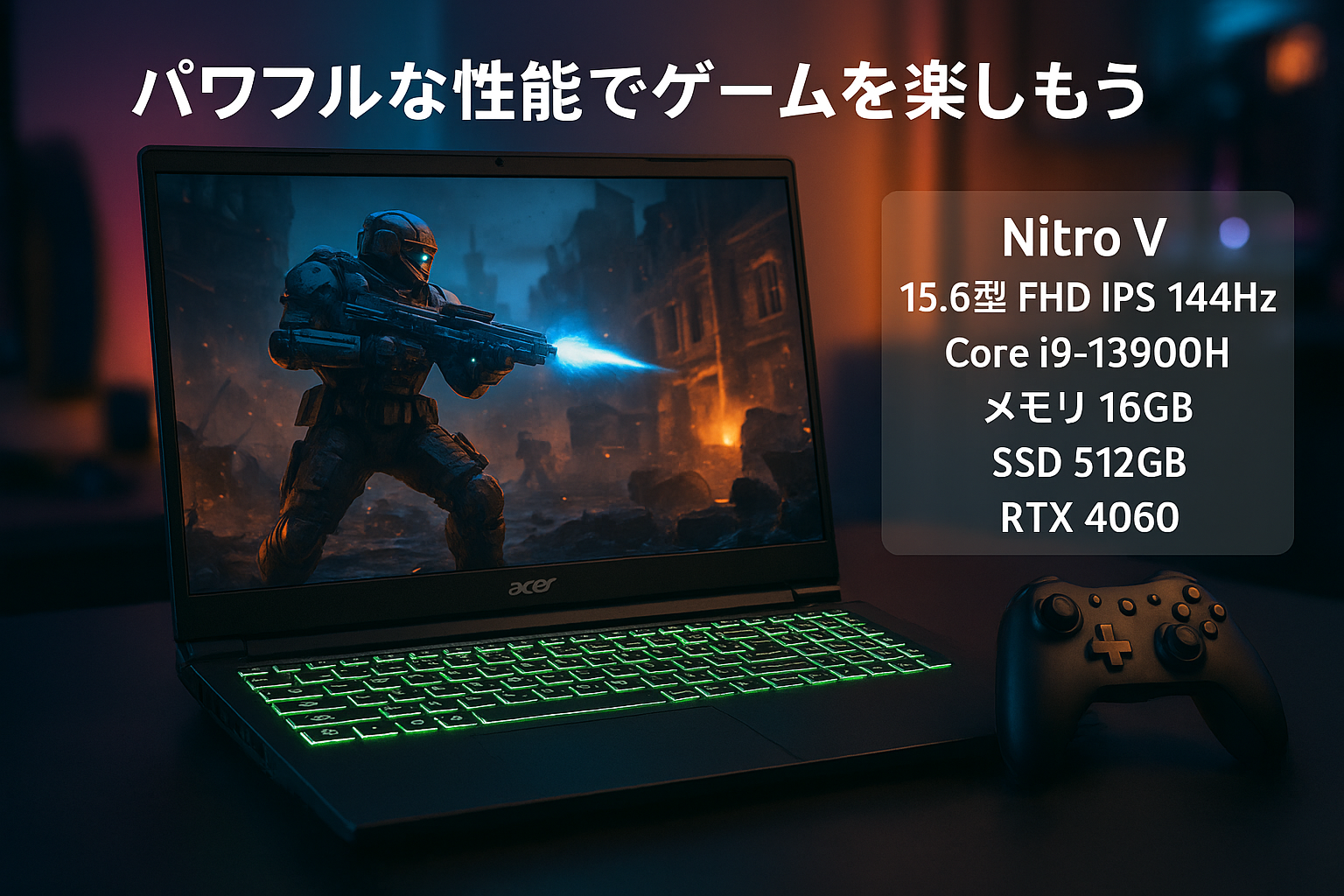 acer Nitro V Gaming 15.6インチ FHD (1920 x 1080) IPS 144Hz ディスプレイ、Intel Core i9-13900H 1.9GHz、16GB DDR5メモリ 512GB PCIe NVMe SSD Nvidia RTX 4060 8GB Windows 11 Home、ゲームコントローラー付きバンドル