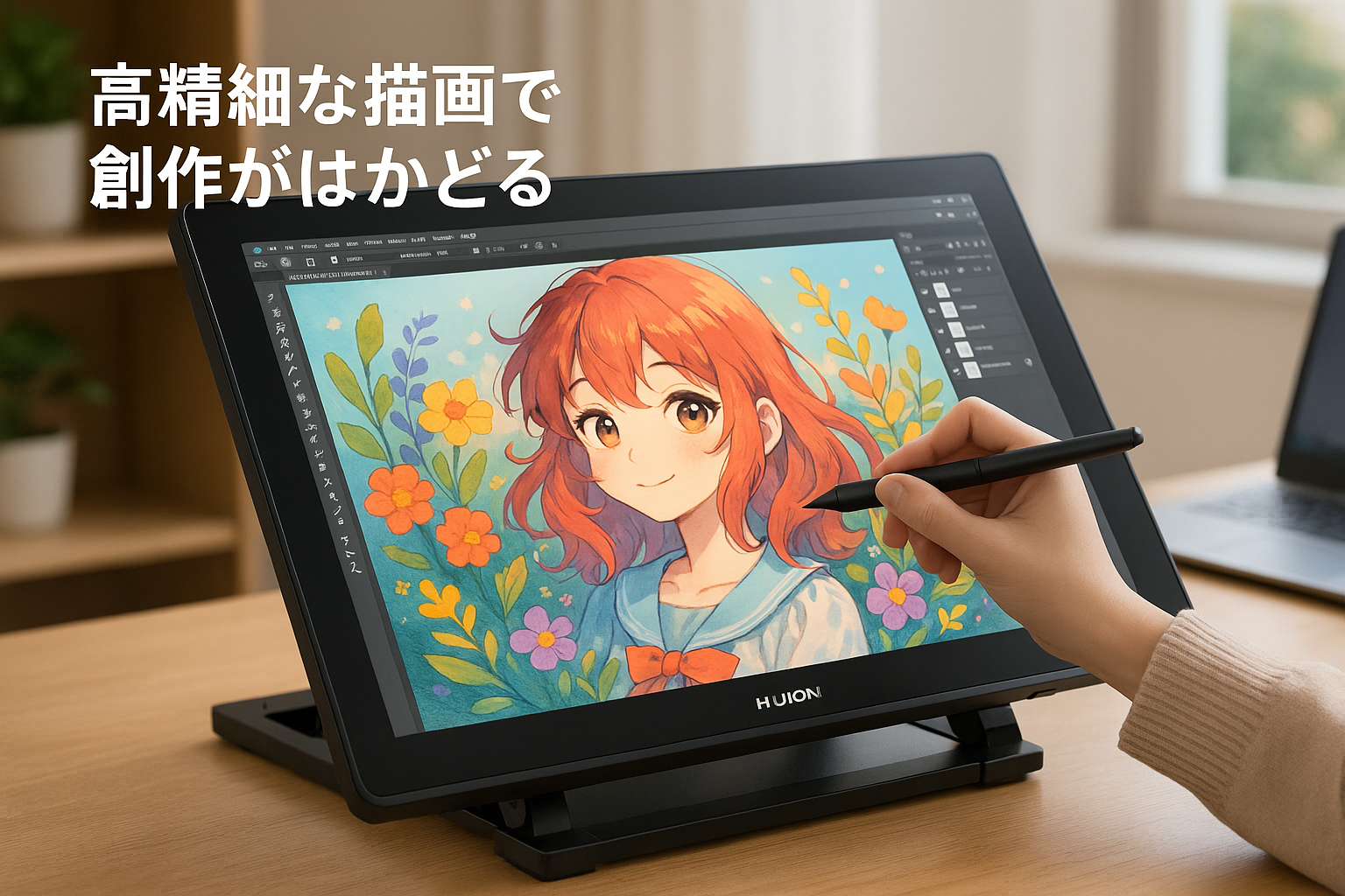HUION 液タブ Kamvas 24 (2.5K) QHD 液晶ペンタブレット 充電不要ペンPW517 8192レベル筆圧感度 傾き検知 アンチグレアフィルム 視差なし 左利き お絵かき イラスト制作 漫画制作 写真加工 オンライン授業 VESA対応 23.8インチ 調節可スタンド付き