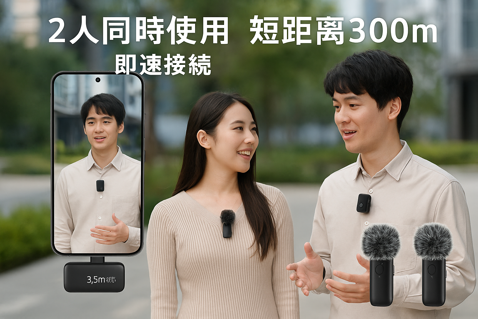ピンマイク Androidカメラ対応 3 in1受信端末2人同時使用 伝送距離300m 瞬時接続 ノイズ軽減 音画同期 3.5mm対応 Bluetooth不要 9時間連続使用 Vlog撮影/動画配信/生放送/防風毛ヘッド2個付き/ASMR/TikTok用