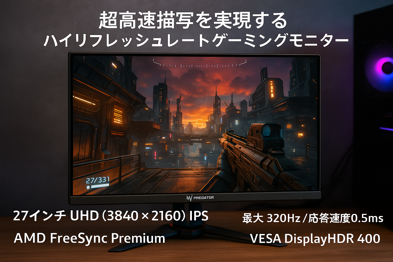 Acer Predator ゲーミングモニター | 27インチ UHD 3840 x 2160 IPS | AMD FreeSync Premium | DFRで最大320Hz | 最大0.5ms | VESA DisplayHDR400| DCI-P3 90% | ディスプレイポート1.4 & 2 x HDMI 2.1 | X。 B273K V5bmiiprx。