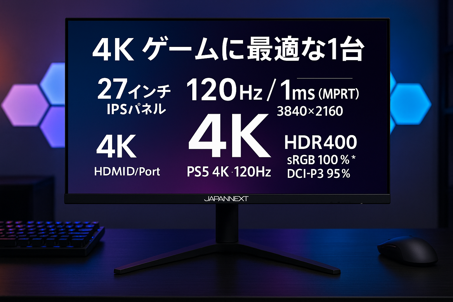 JAPANNEXT 27インチ IPSパネル搭載 120Hz/1ms(MPRT)対応 4K(3840x2160)解像度 ゲーミングモニター JN-i27G120U-C6 HDMI2.1 DisplayPort USB Type-C(最大65給電) HDR400相当 sRGB:100% DCI-P3:95% PS5 4K:120Hz接続 VRR KVM 【2年保証】
