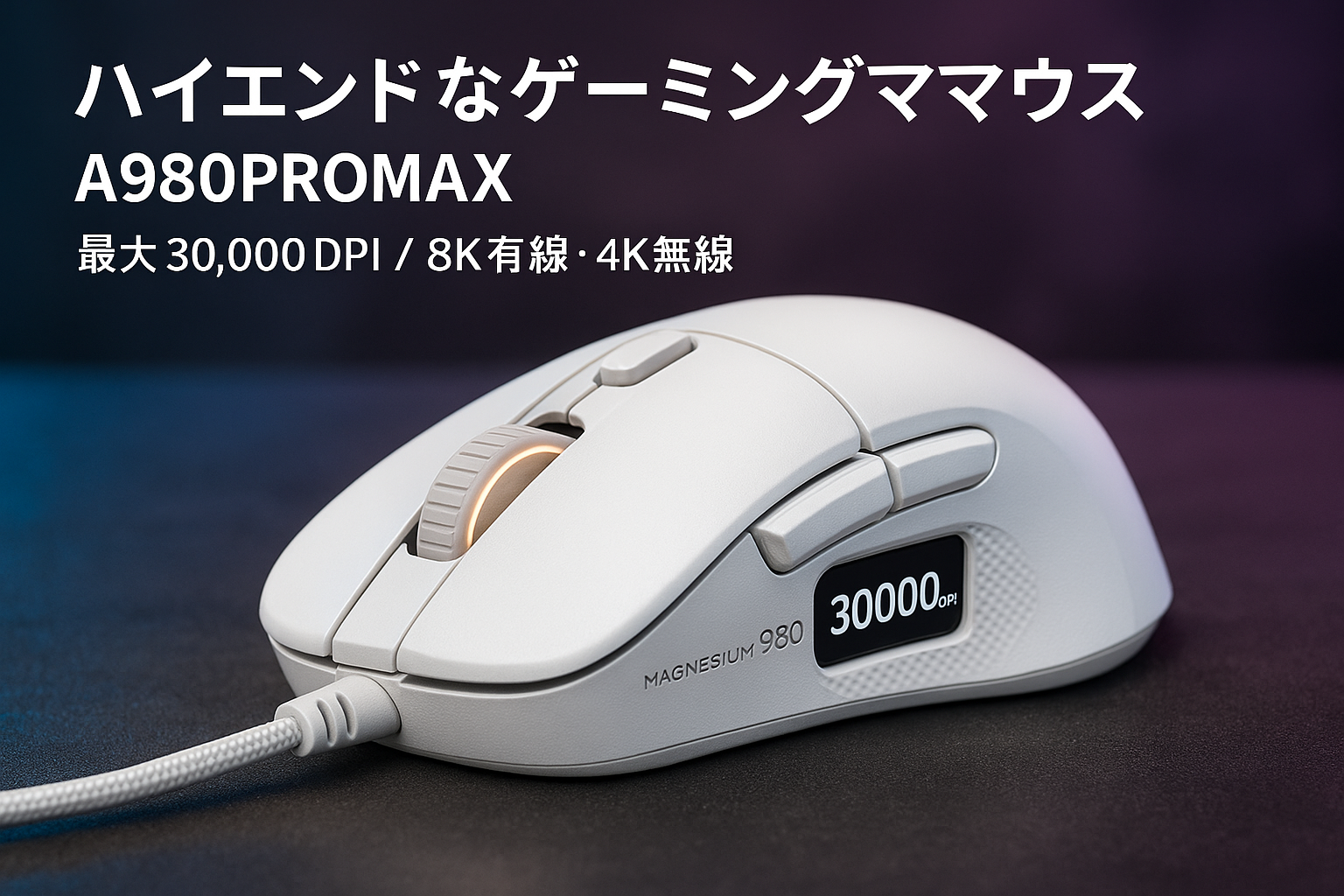A980PROMAX ゲーミングマウス 有線8K/無線4K TFTスクリーン付き 30000DPI マグネシウム合金マインボタン 2.4Gワイヤレス/Bluetooth/USB接続可能 4000Hzレシーバー付き 充電式 右手用人間工学 白/ホワイト【1年間メーカー保証】