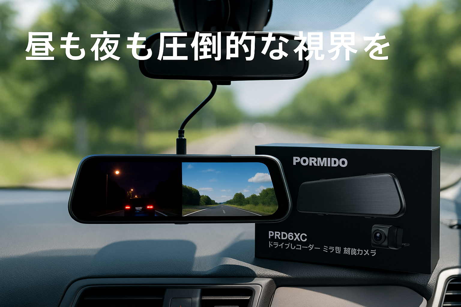 PORMIDO【前後カメラとも60FPS高輝度ソニー製IMX462センサーを採用】ドライブレコーダー ミラー型 前後カメラ【爆光デジタルインナーミラー:晴天でも見やすい+ダークスモーク車でも夜に見える】【リアカメラズーム機能+上部コネクタ隠し＋1本TYPEC中継線集約設計】広視野画角 HDR/WDR/3軸Gセンサー/駐車監視/GPS搭載 LED信号機対応 地デジTV対策【PRD6XC】