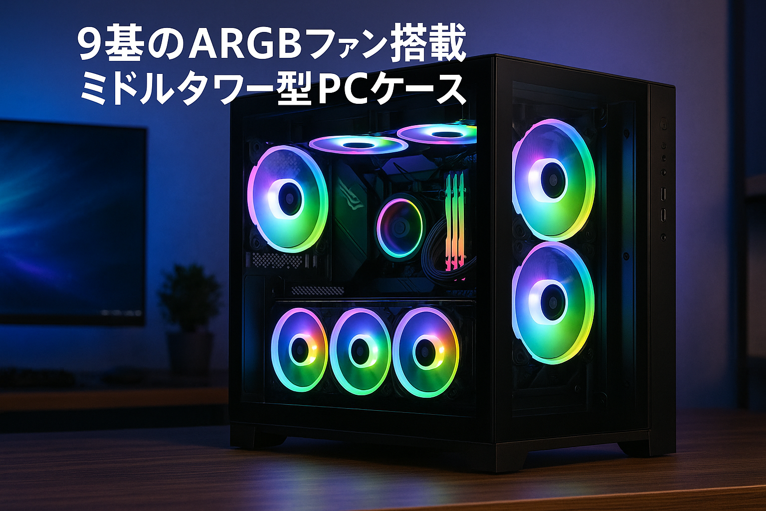 KEDIERS H9 pcケース ミドルタワー ATX 9 PWM ARGBファン搭載済み、ミドルタワー型ゲーミングPCケース、Type-C搭載パノラマ強化ガラスPCケース、360mmラジエーター対応,ブラック (black)