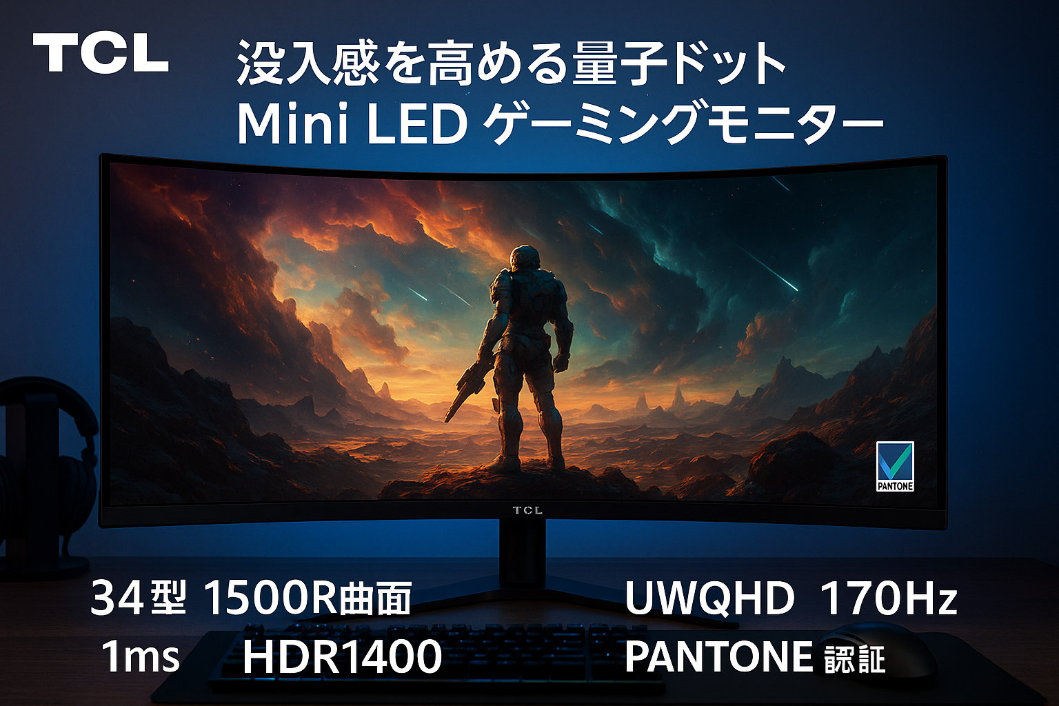 TCL 量子ドット Mini LED モニター 34インチ 34R83Q 湾曲率1500R 曲面 UWQHD 170Hz Fast HVA パネル 1ms 非光沢 HDR1400 Pantone認証 HDMI2.1 DP 簡単接続 同時作業 縦横回転 高さ調節 Type C 90W スピーカー内蔵 FreeSync 低ブルーライト ゲーミングモニター ローカルディミングゾーン