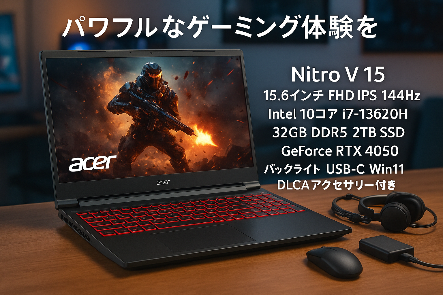 acer Nitro V 15 ゲーミングノートパソコン | 15.6インチ FHD IPS 144Hz | Intel 10コア i7-13620H | 32GB DDR5 2TB SSD | GeForce RTX 4050 バックライト USB-C Win11 DLCAアクセサリー付き