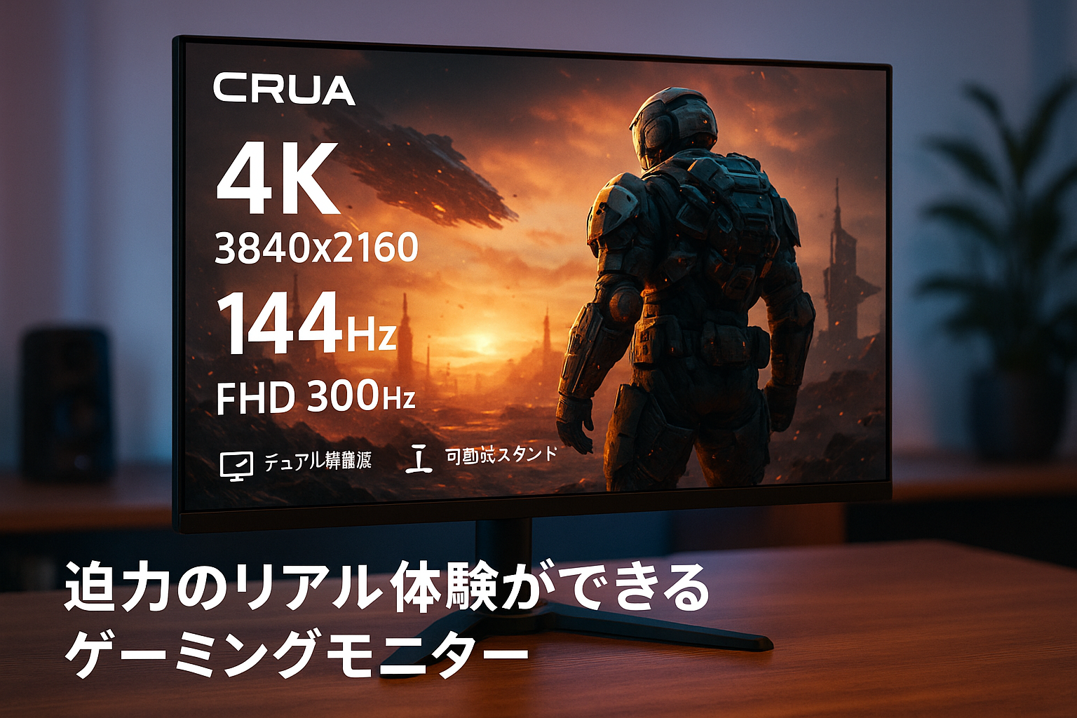 CRUA ゲーミングモニター 27インチ PCモニター 4K 3840×2160 144Hz / FHD 300Hz デュアル解像度 ディスプレイ HDMI2.1x2 & DP1.4x2 Freesync&G-Sync対応 縦横回転 高さ調整 178°広い視野角 VESA対応 三年保証 30日間返品保証