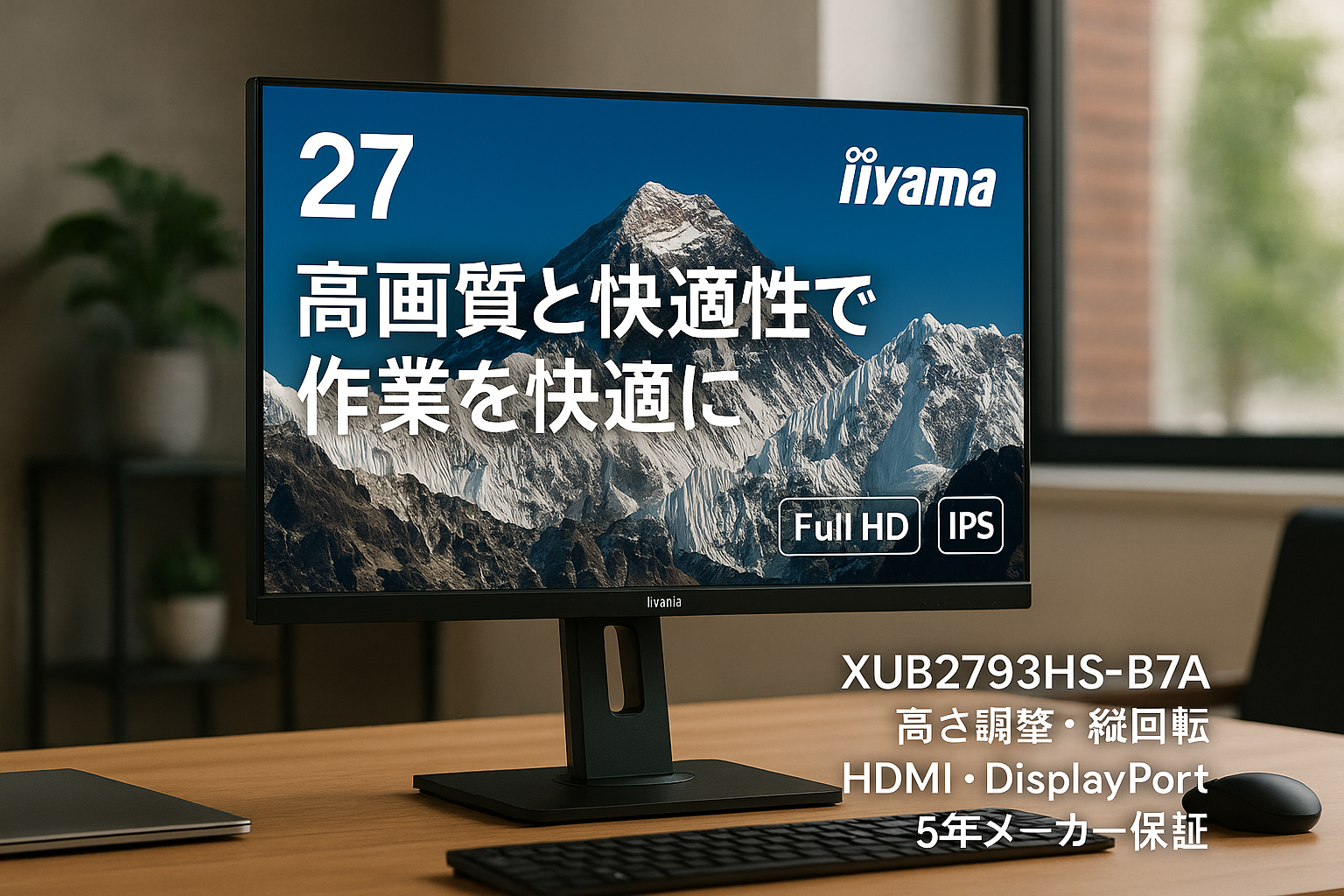 iiyama モニター ディスプレイ XUB2793HS-B7A 27インチ フルHD IPS方式 高さ調整 角度調整 縦回転 HDMI DisplayPort 全ケーブル付 国内サポート 5年メーカー保証