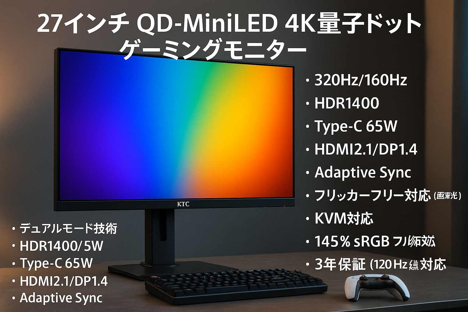 KTC 27インチ QD-MiniLED 4K UHD 量子ドットゲーミングモニター｜デュアルモード技術 320Hz/160Hz｜HDR1400｜Type-C 65W｜HDMI2.1/DP1.4｜Adaptive Sync｜フリッカーフリー対応（DC調光）| KVM対応｜145% sRGB｜フル装備のエルゴノミクス機能 | PS5で120 Hz（VRR）対応 | 3年保証 M27P6