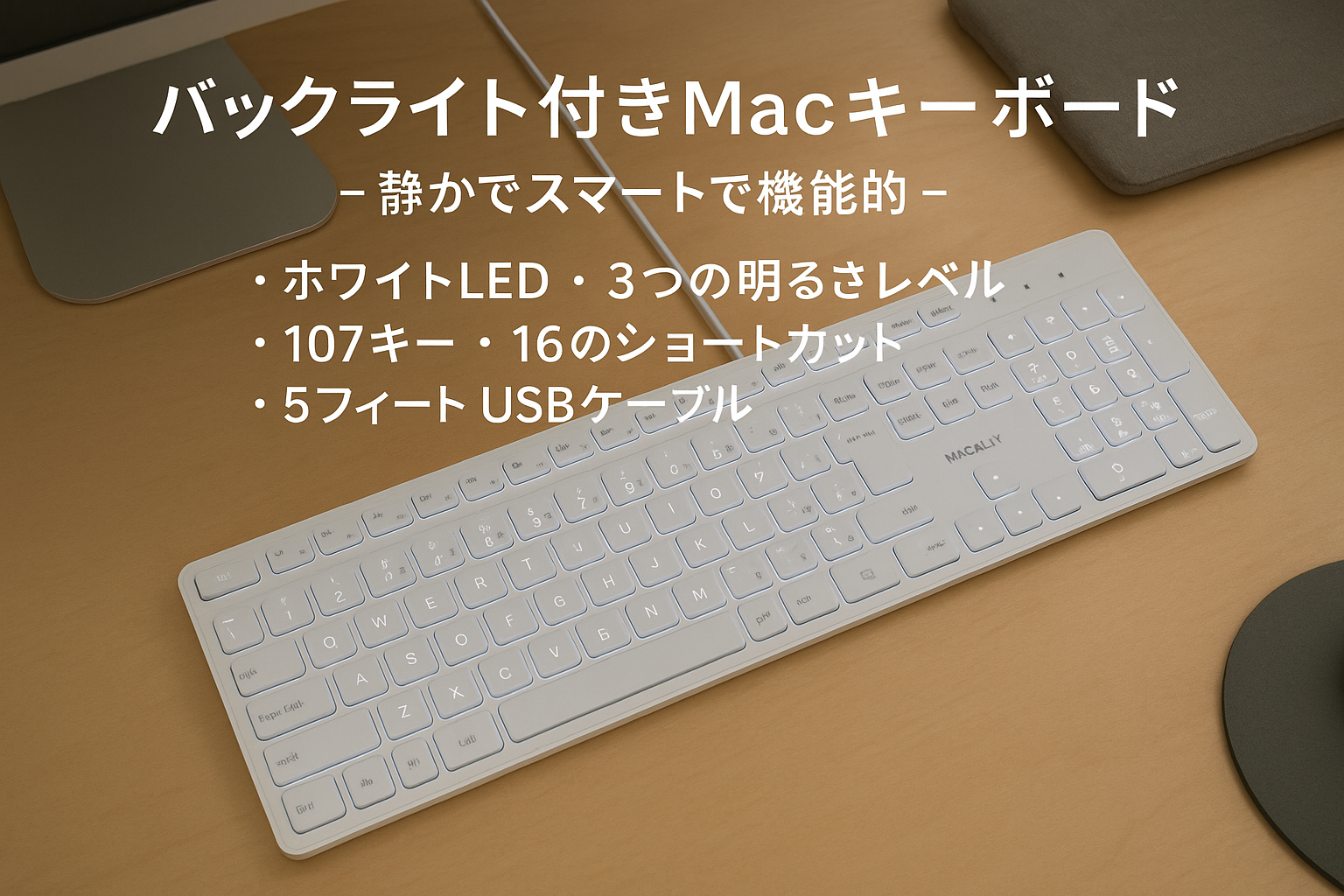 MACALLY バックライト付きMacキーボード 有線 - 静かでスマートで機能的 - ホワイトLED 3つの明るさレベル 107キー 16のショートカット - 5フィート USBケーブル (BLSLIMKEYPROSG)US配列