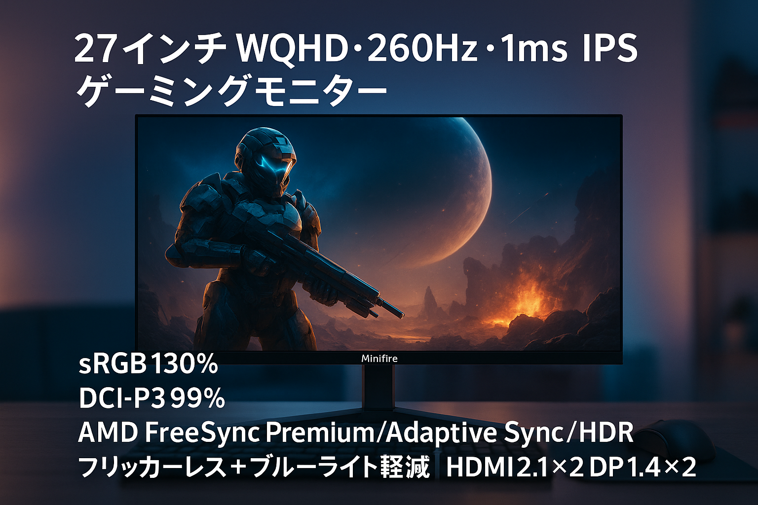Minifire 27インチ WQHD 260Hz 1ms IPS ゲーミングモニター｜130% sRGB/99% DCI-P3｜AMD FreeSync Premiu/Adaptive Sync/HDR｜フリッカーレス+ブルーライト軽減｜HDMI2.1×2+DP1.4×2｜MFG27F4QPro