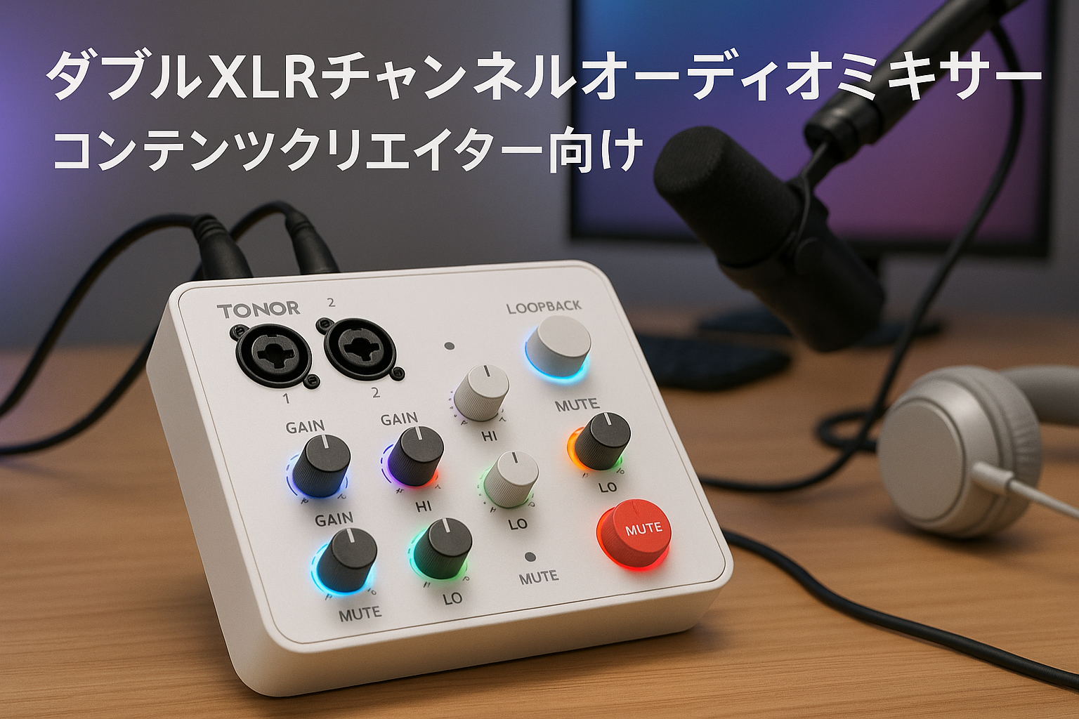 TONOR 配信用オーディオインターフェース、ダブルXLRチャンネルオーディオミキサー（RGB 付き）、コンテンツクリエイター向け、ループバックボタン、スタジオ録音、プロ用プリアンプ、ライブストリーミング、配信、コンテンツ作成用、TX510 ホワイト