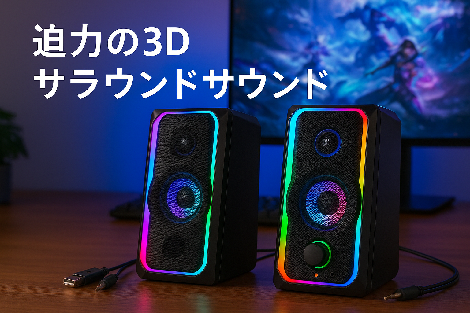 OFFSIR PCスピーカー ゲーミングスピーカー USB有線 RGBライト付き 2chステレオ 臨場感 3Dサラウンドサウンド AUX接続 3.5ｍｍ端子 プラグ＆プレイ パソコン/テレビ/ゲーム機などに対応 (RGB)