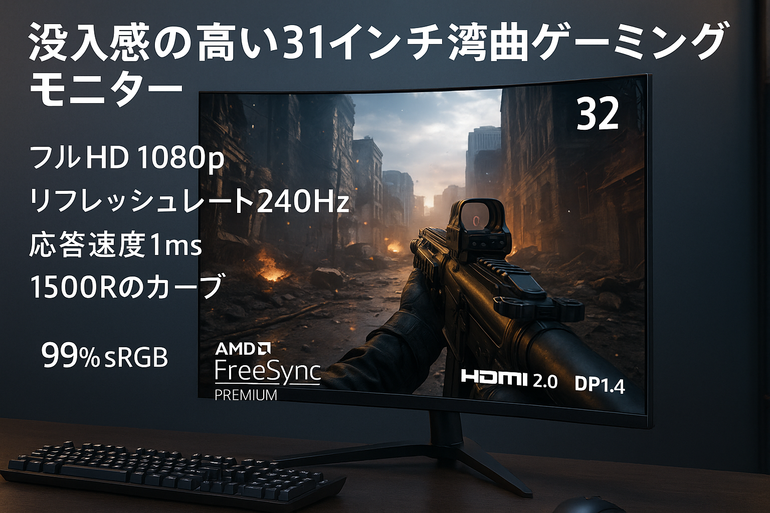 ZZA 32インチ FHD 1080P 曲面コンピュータゲームモニター 解像度最大240Hz、1500R、1Ms、99%Srgb、Amd Freesync Premium、Hdmi 2.0 | Dp1.4、ブラック