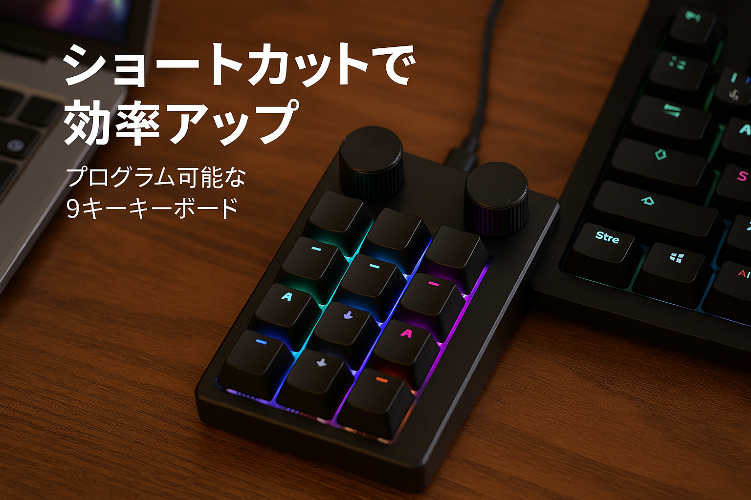 Koolertron 2つノブ付け 片手キーボード マクロキーボード ゲーミングキーボード メカニカル プログラム可能 RGBバックライト カスタマイズ可能 左手デバイス 9キー ブラック 赤軸 ミニ ショットカットキー 小型 Type-C有線 ポータブル イラストレーション＆動画編集＆絵描き適用