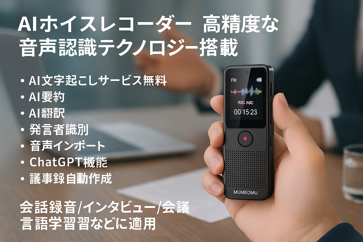 MUMEOMU M5 AI ボイスレコーダー AIライティングレコーダー ICレコーダー AI文字起こしサービス無料 AI要約 AI翻訳 発言者識別 音声インポート ChatGPT機能 議事録自動作成 高精度な音声認識テクノロジー搭載 会話録音/インタビュー/会議/言語学習などに適用 日本語説明書付