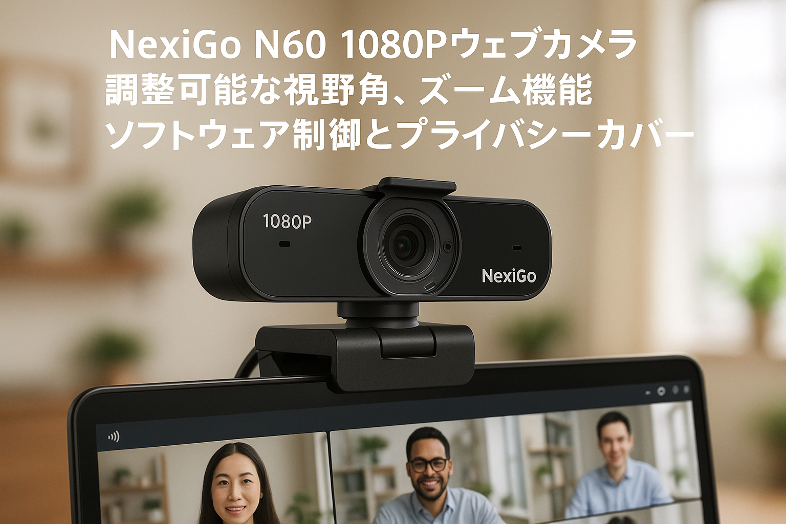 NexiGo N60 1080Pウェブカメラ、マイク付き、調整可能な視野角、ズーム機能、ソフトウェア制御とプライバシーカバー、USB HDコンピューターウェブカメラ、プラグアンドプレイ、Zoom/Skype/Teams/OBS 会議/ビデオ通話用 ブラック