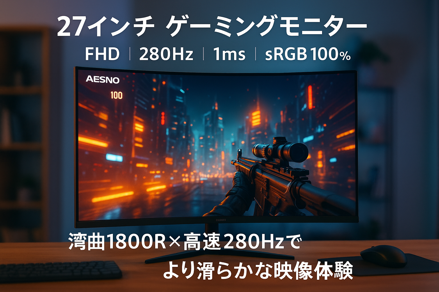 AESNO 27インチモニター FHD 280Hz 湾曲 1800R PCディスプレイ 100%sRGB広色域 1ms(GtG) FreeSync 低ブルーライ 対応高輝度300cd/m² PS5対応 ゲーミングモニター 三年保証で安心