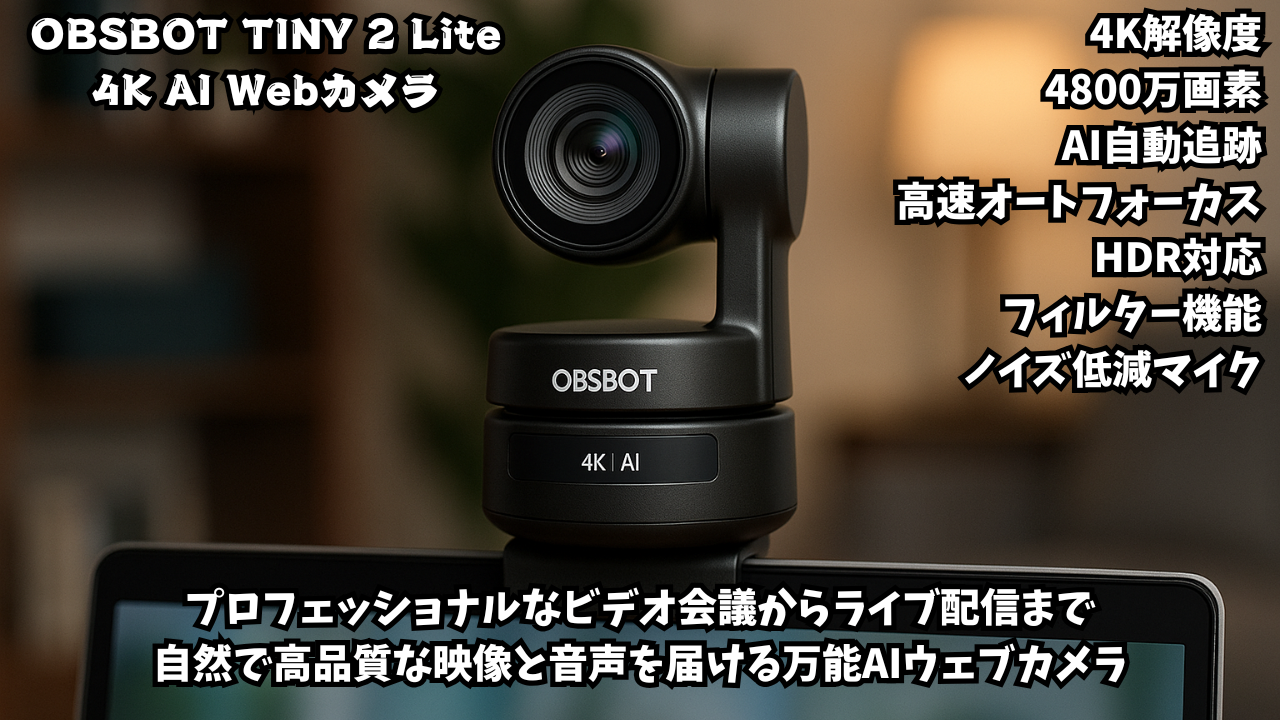 OBSBOT TINY 2 Lite Webカメラ 4K ウェブカメラ AI搭載 自動追跡 4800万画素 HDR 位相差検出AF フィルター加工 ノイズ低減 会議 ライブ配信 ビデオ通話 PC Mac Windows