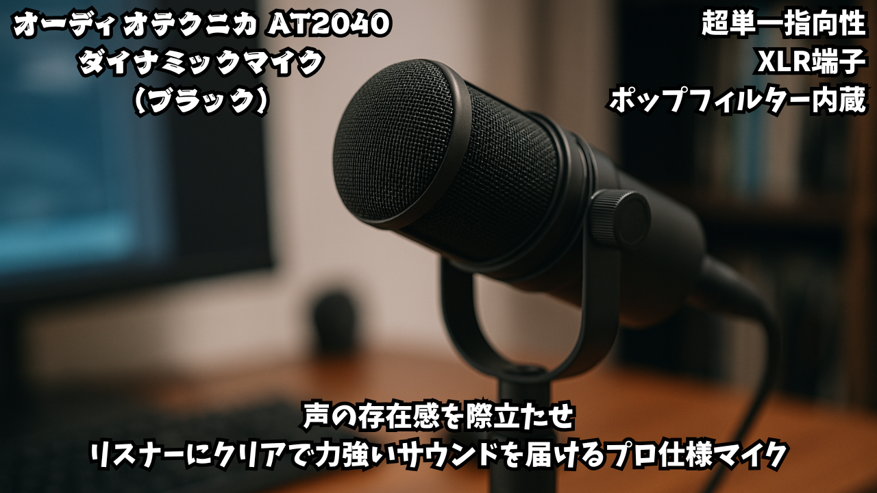 オーディオテクニカ AT2040 ダイナミックマイク 超単一指向性マイク/XLR/ポップフィルター内蔵/ポッドキャスト/オーディオブック/ゲーム実況/動画配信 ブラック【国内正規品】