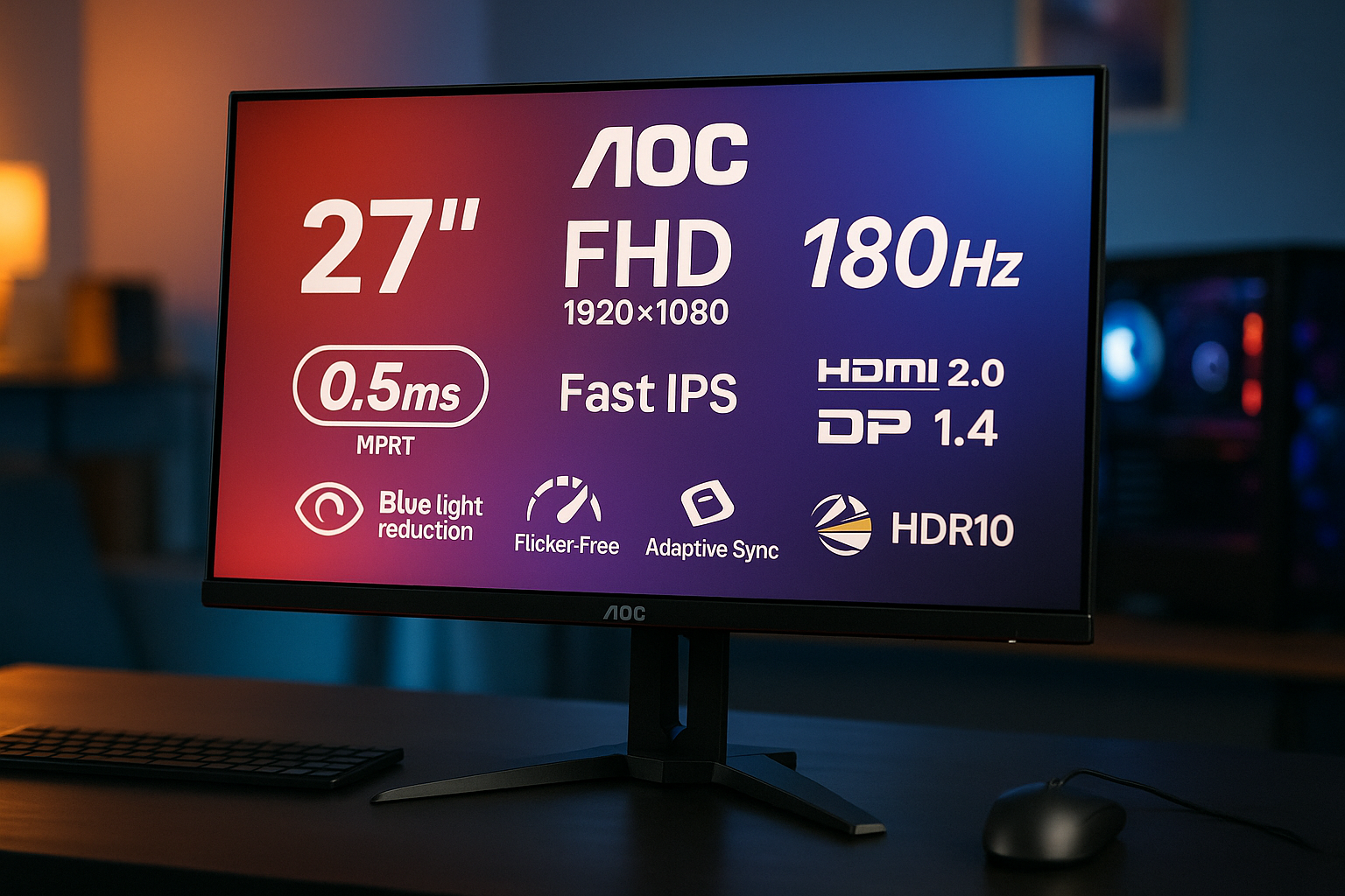AOC ゲーミングモニター 27G42E/11, 27.0インチ, フルHD/1920×1080@180Hz, 応答速度0.5ms(MPRT), Fast IPS, HDMI2.0 x 1/ DP1.4x1,ブルーライト低減, フリッカーフリー, Adaptive Sync, HDR10対応, 3年保証