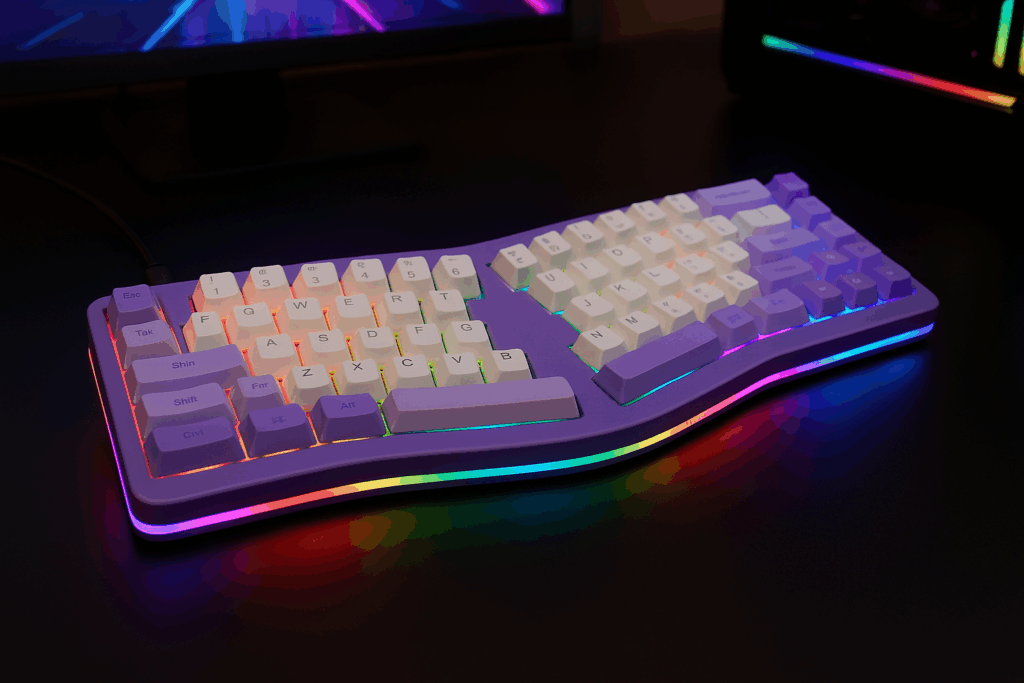 AKS068 ゲーミングキーボード アリスレイアウト 68キーアンチゴーストキー Gasket構造 ホットスワップ可能 人間工学 南向きのRGBバックライト 両側RGBライトPBTキーキャップ Type-C有線 Windows Vista/XP/7/8/10/11、Mac対応(purple)