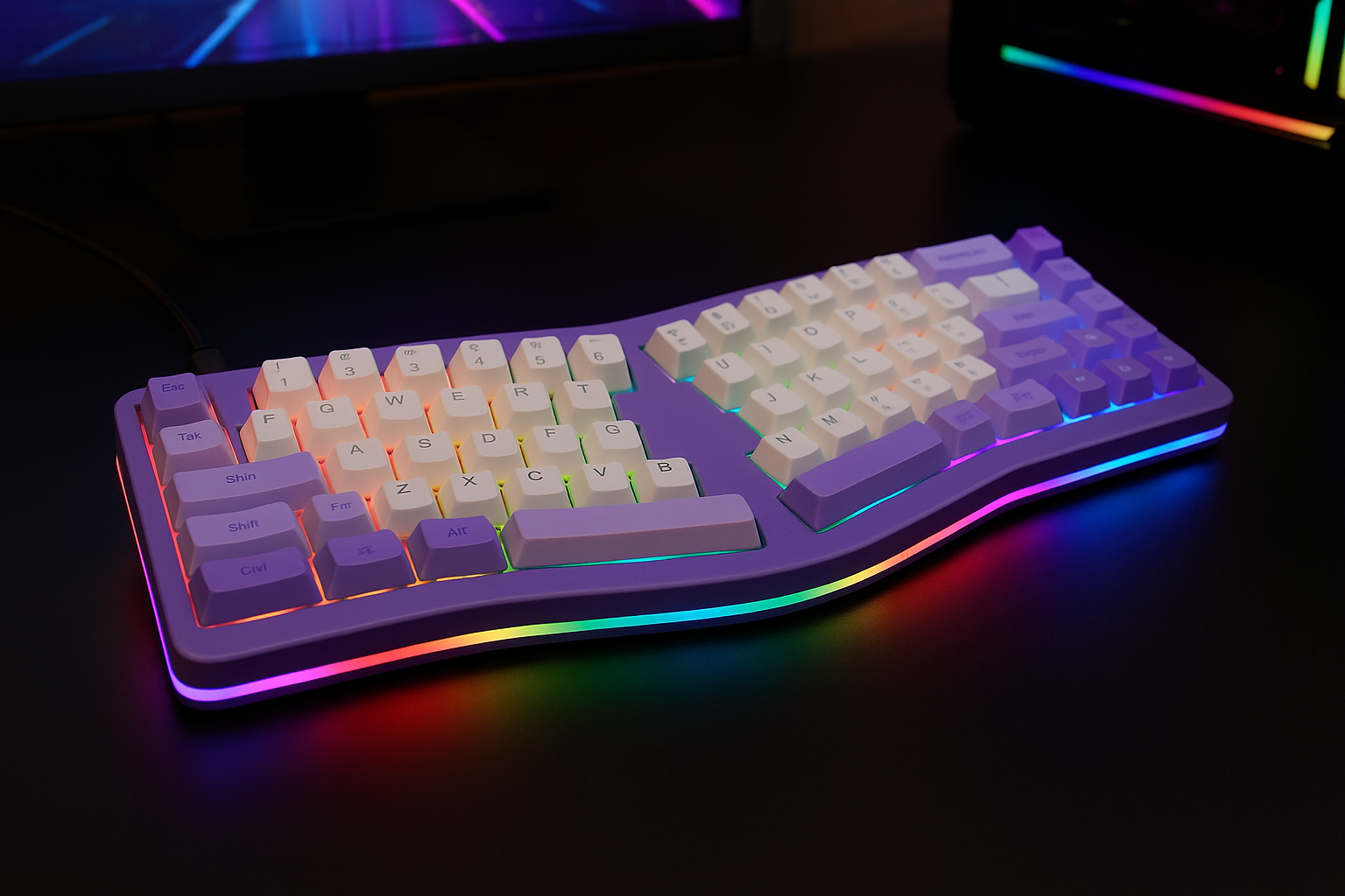 AKS068 ゲーミングキーボード アリスレイアウト 68キーアンチゴーストキー Gasket構造 ホットスワップ可能 人間工学 南向きのRGBバックライト 両側RGBライトPBTキーキャップ Type-C有線 Windows Vista/XP/7/8/10/11、Mac対応(purple)