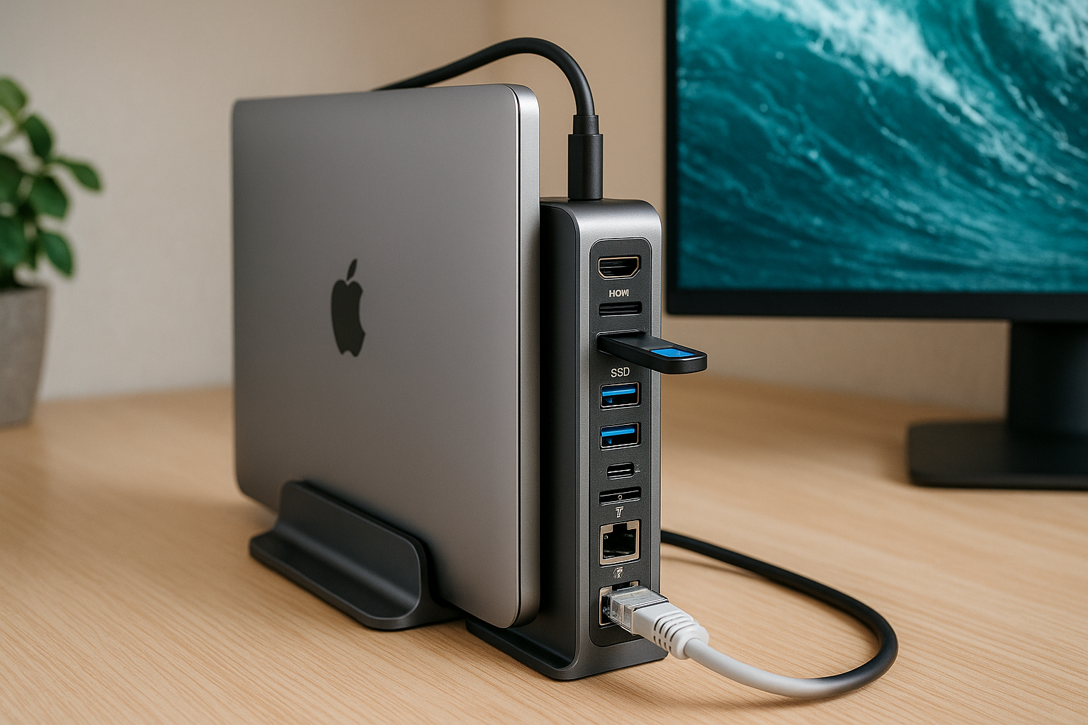 PULWTOP 11 in 1 USB C ドッキングステーション Macbook Pro/Air用 縦置き Type-C スタンドとドック 一体型 拡張ドッキング 1*HDMI 4K@60Hz +1*SSDスロット付 (SSD含まれない) + 2*USB-A 3.0+ 2*USB-C 3.2 10Gbps + SD/TFカードリーダー + RJ45 + PD 100W入力 Mac/Win対応